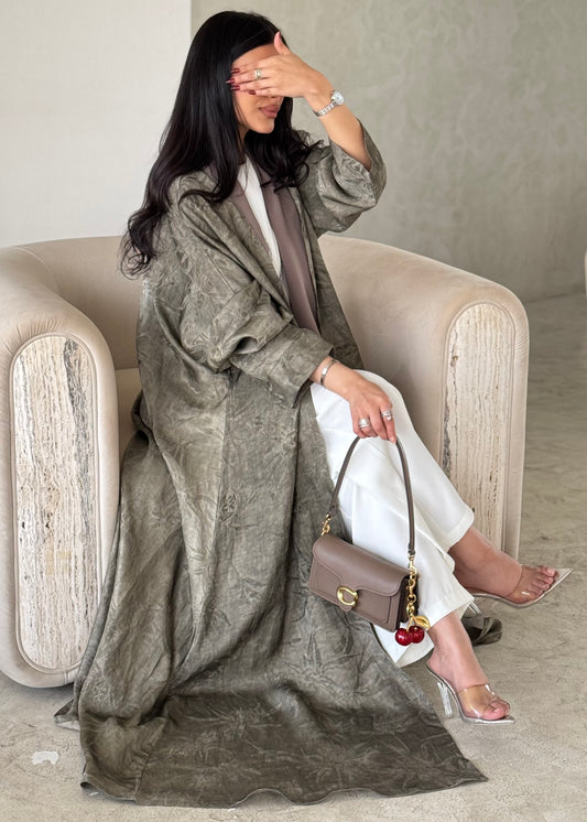 FAB164- Beige Jacquard Silk Abaya