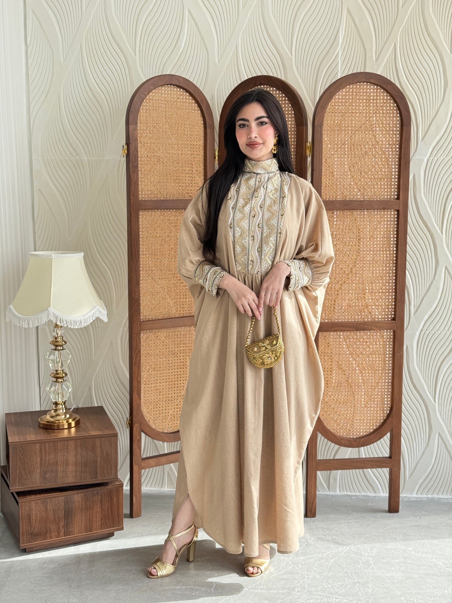 FAB282-Luxurious Beige pure linen high neck jalabiya with full beaded gold embroidery