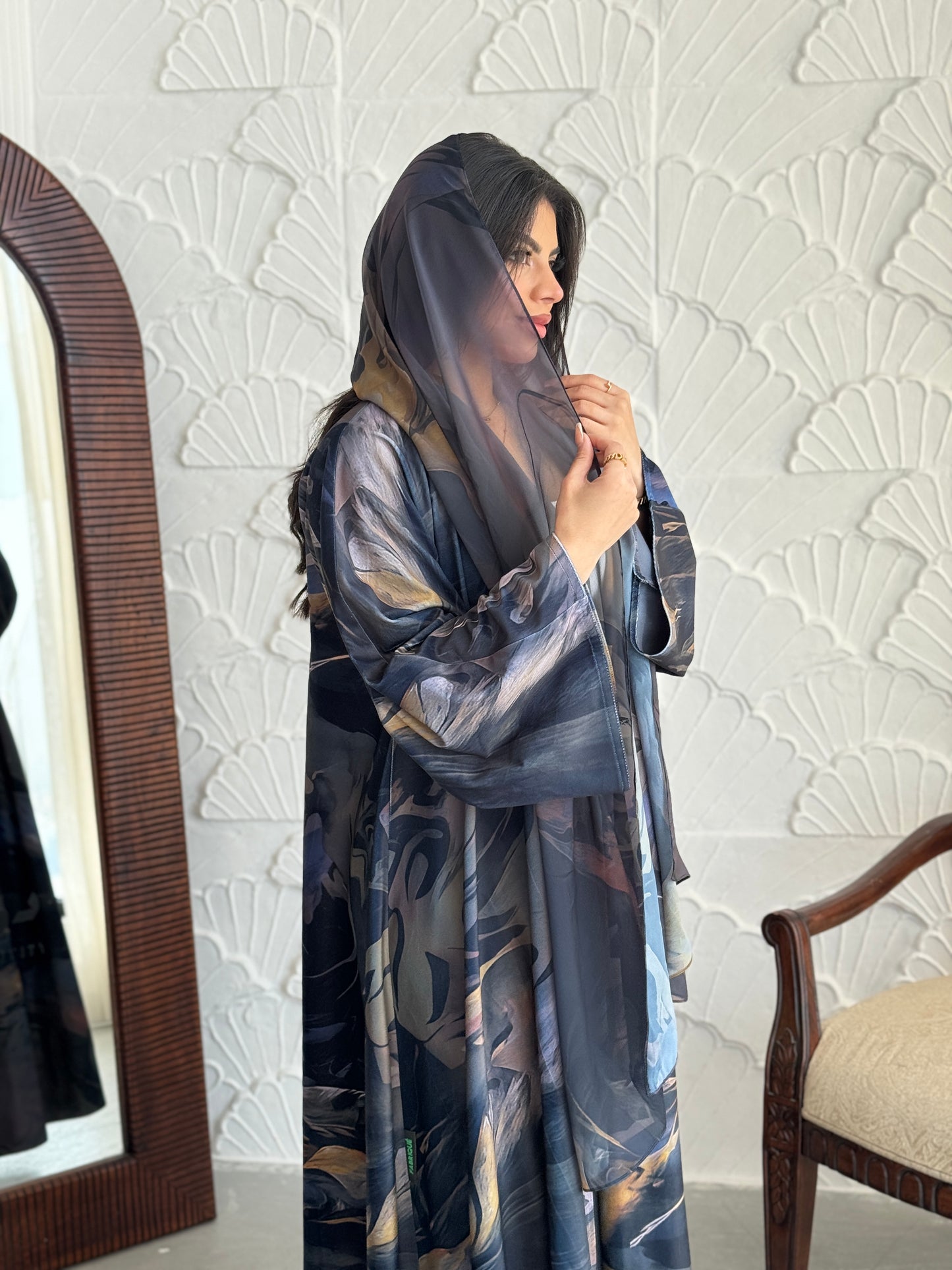 FAB241-Light Black Patterned Printed Velvet A-Cut Abaya Set