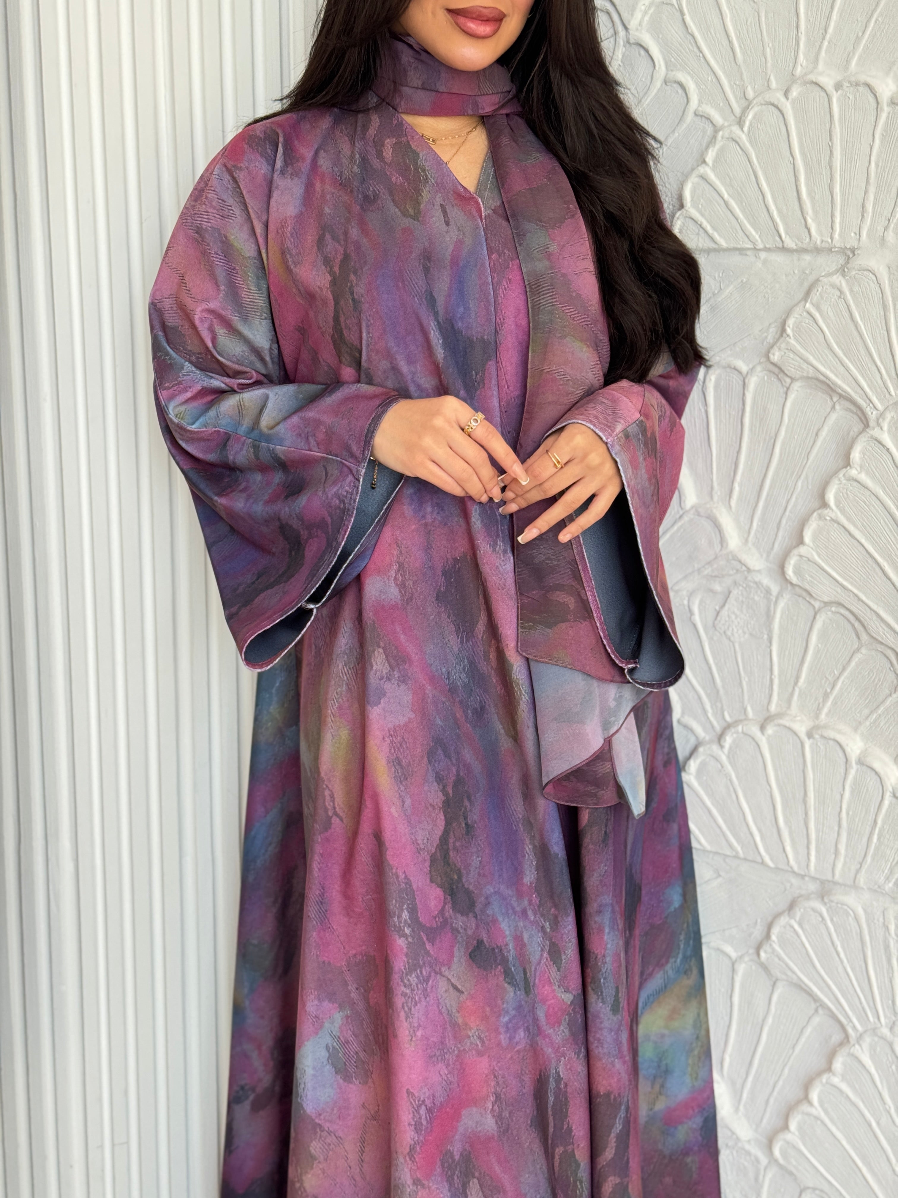 FAB242-Pink Patterned Printed Velvet A-Cut Abaya Set
