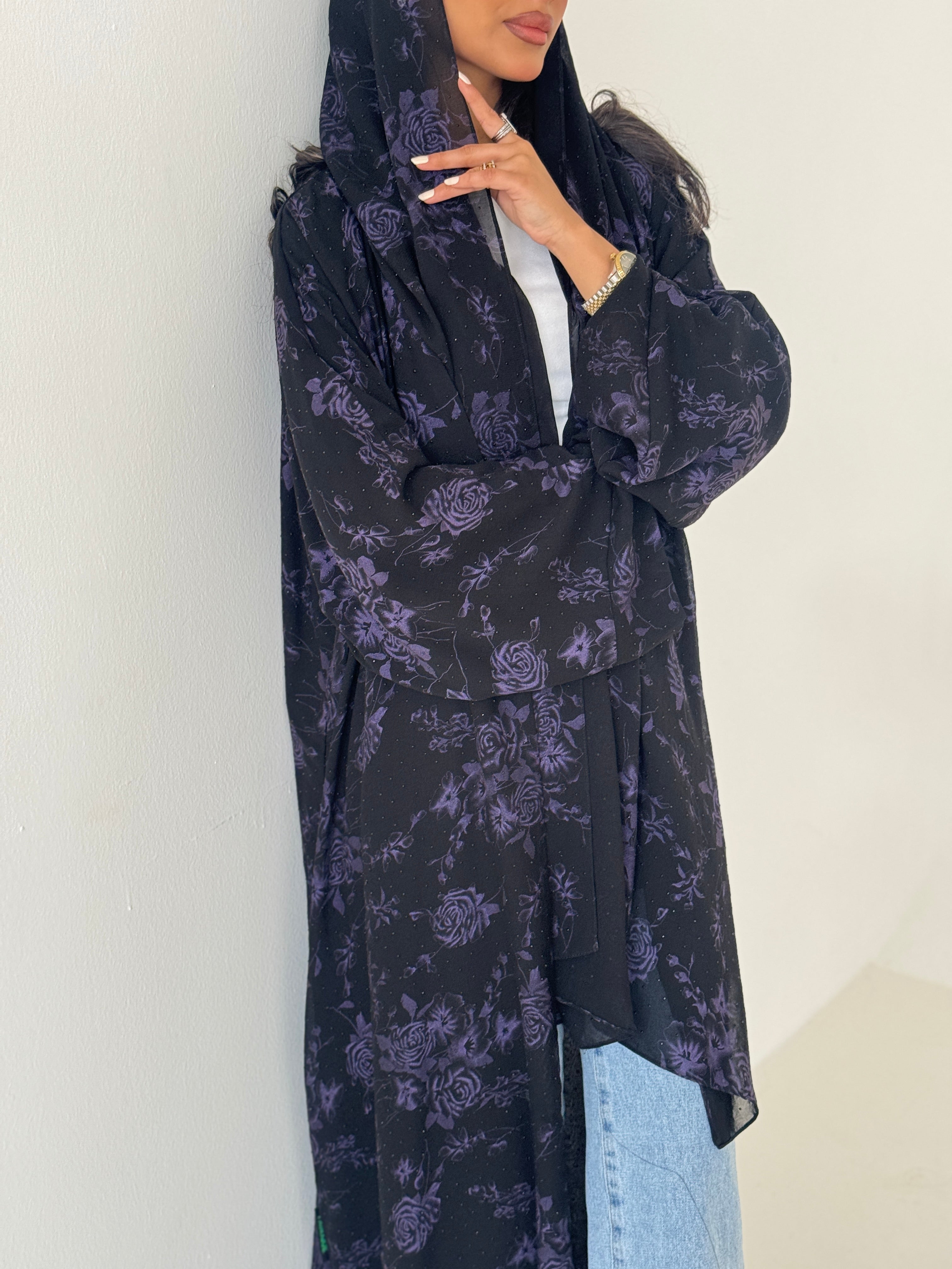 FAB203-Purple Black Chiffon Pattern Summer Abaya with headscarf