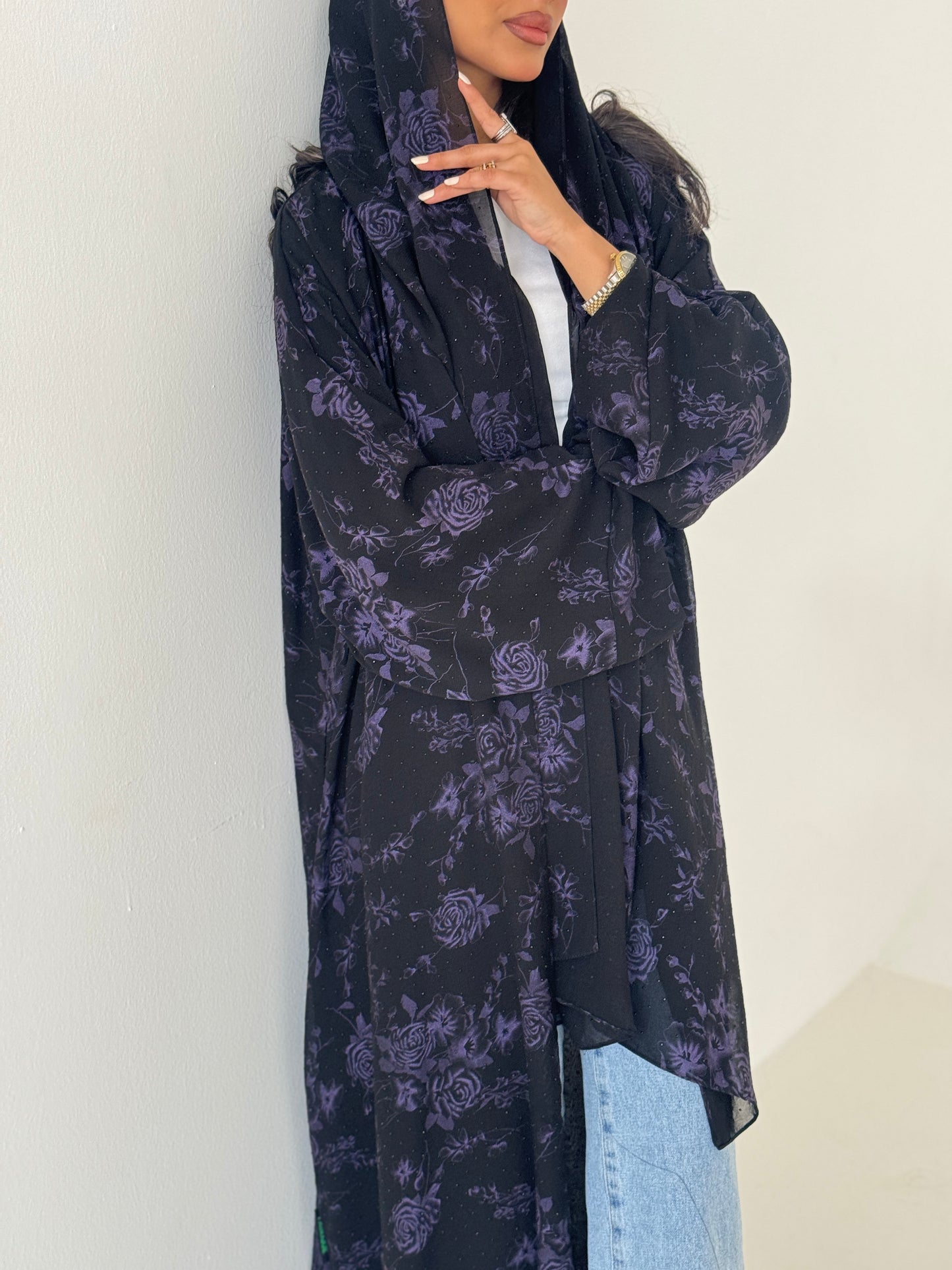 FAB203-Purple Black Chiffon Pattern Summer Abaya with headscarf