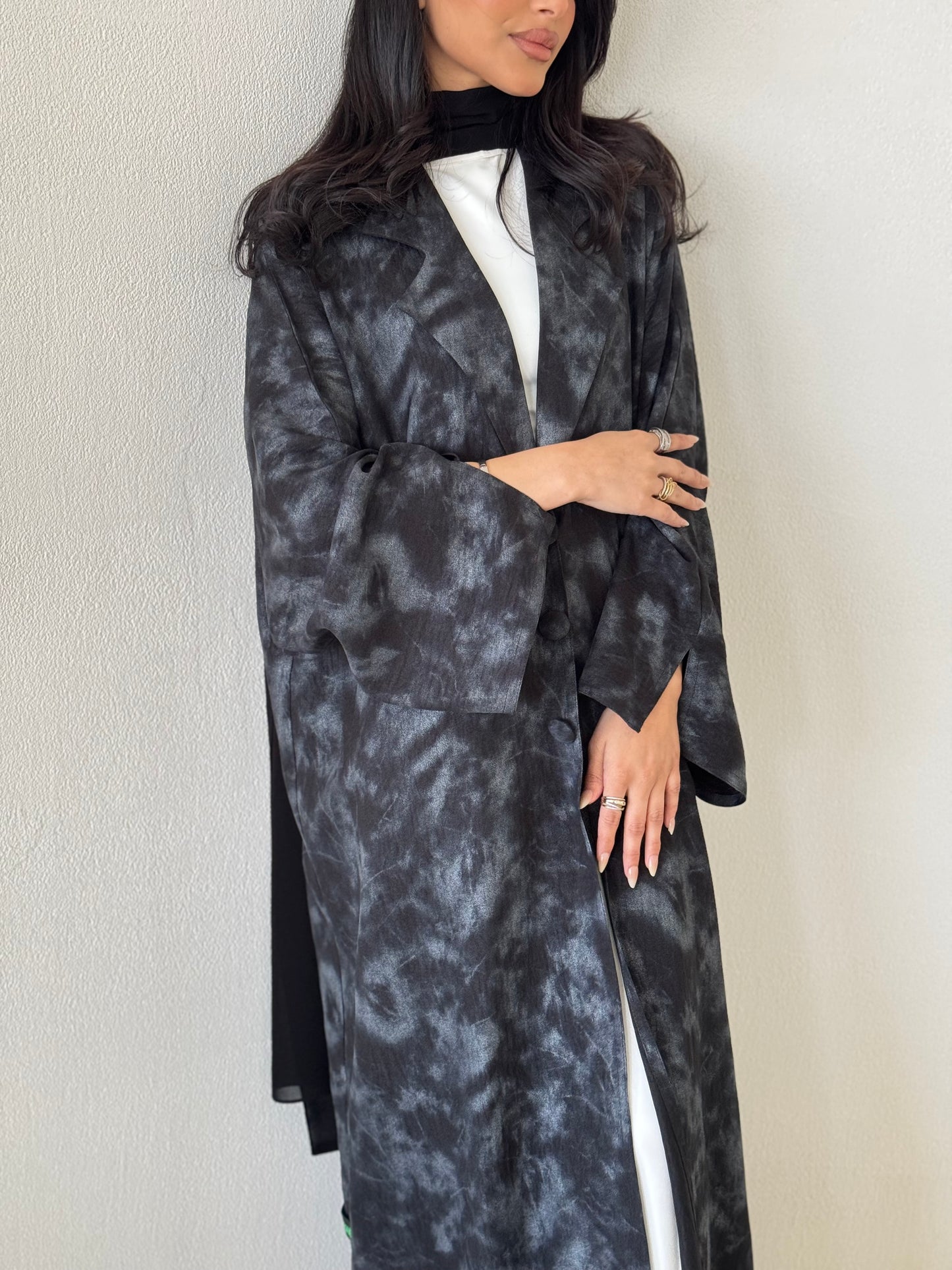READY TO SHIP- FAB178- Black Silver Tie-dye Blazer Cut Abaya
