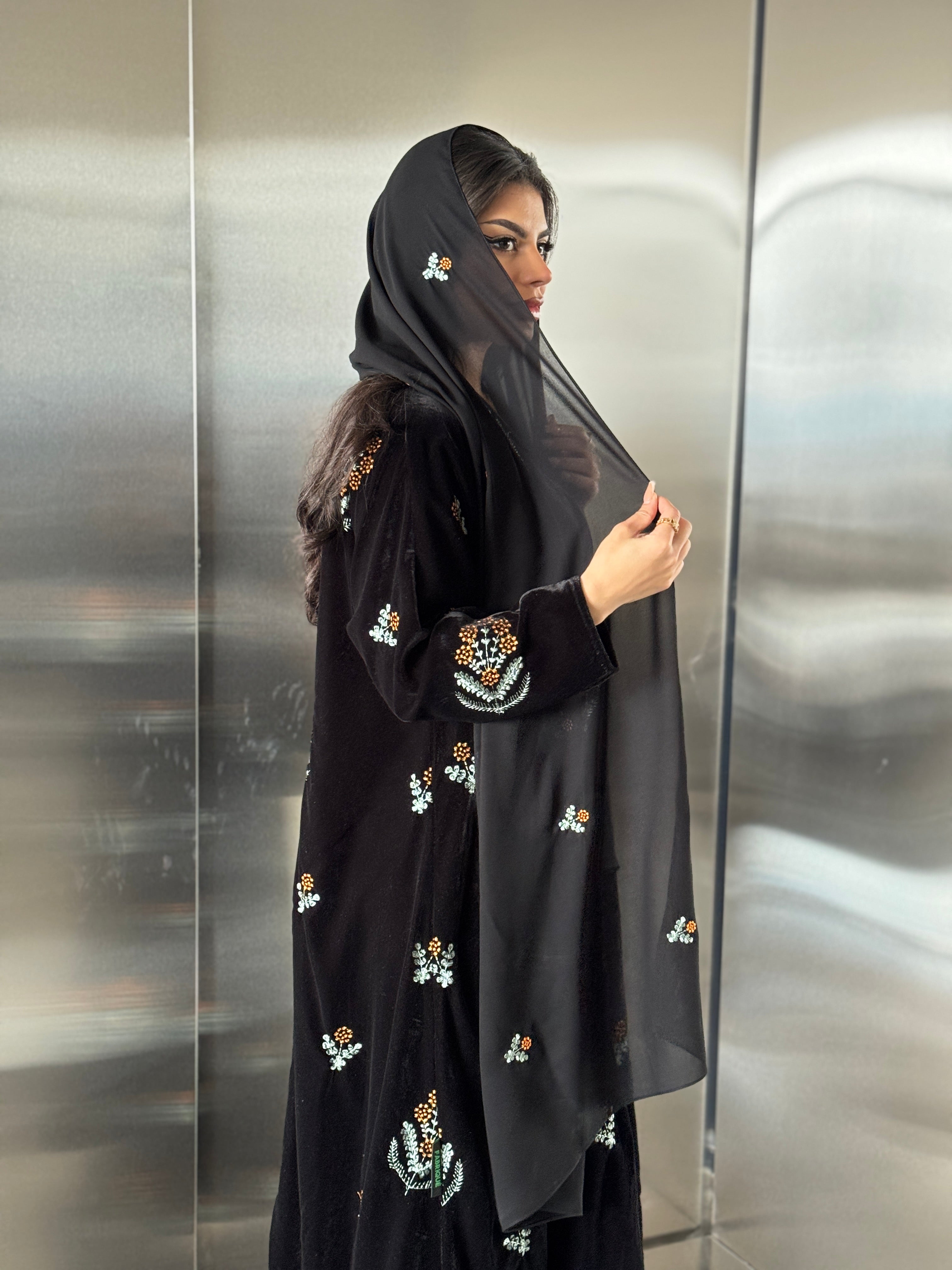 FAB247- Black Velvet with Orange Embroidery A-Cut Abaya Set