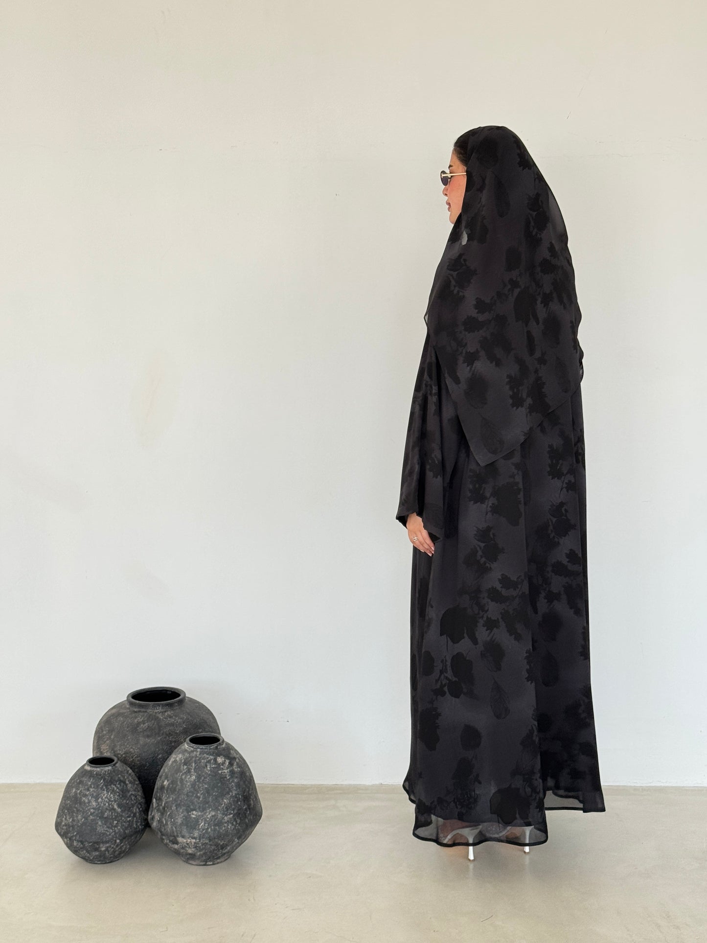 FAB214- Black Printed A-Cut Shiffon Abaya Set