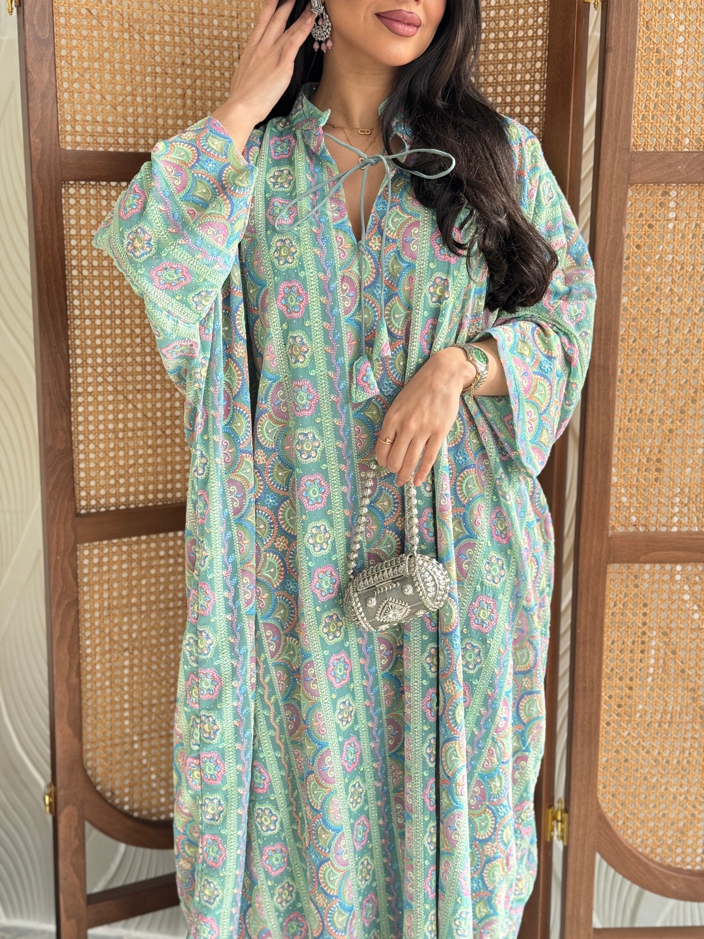 FAB279-Green free size colorful crystals chiffon jalabiya and tie-neck detail