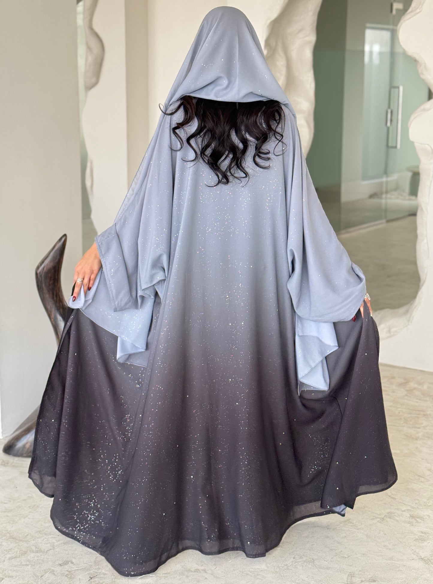 FAB163- Grey Ombre Glitter Abaya with matching headscarf