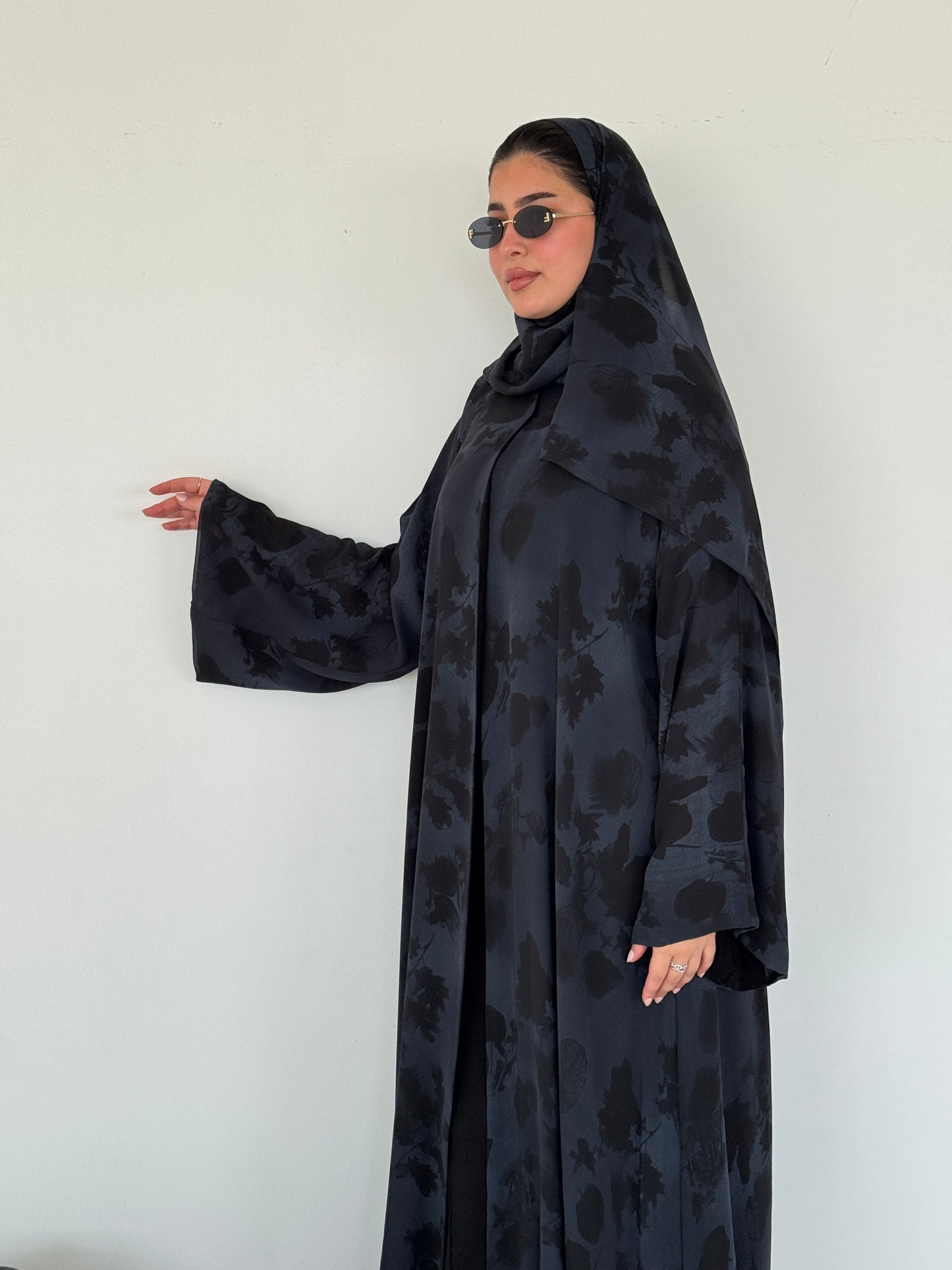 FAB216- Blue Printed A-Cut Shiffon Abaya Set