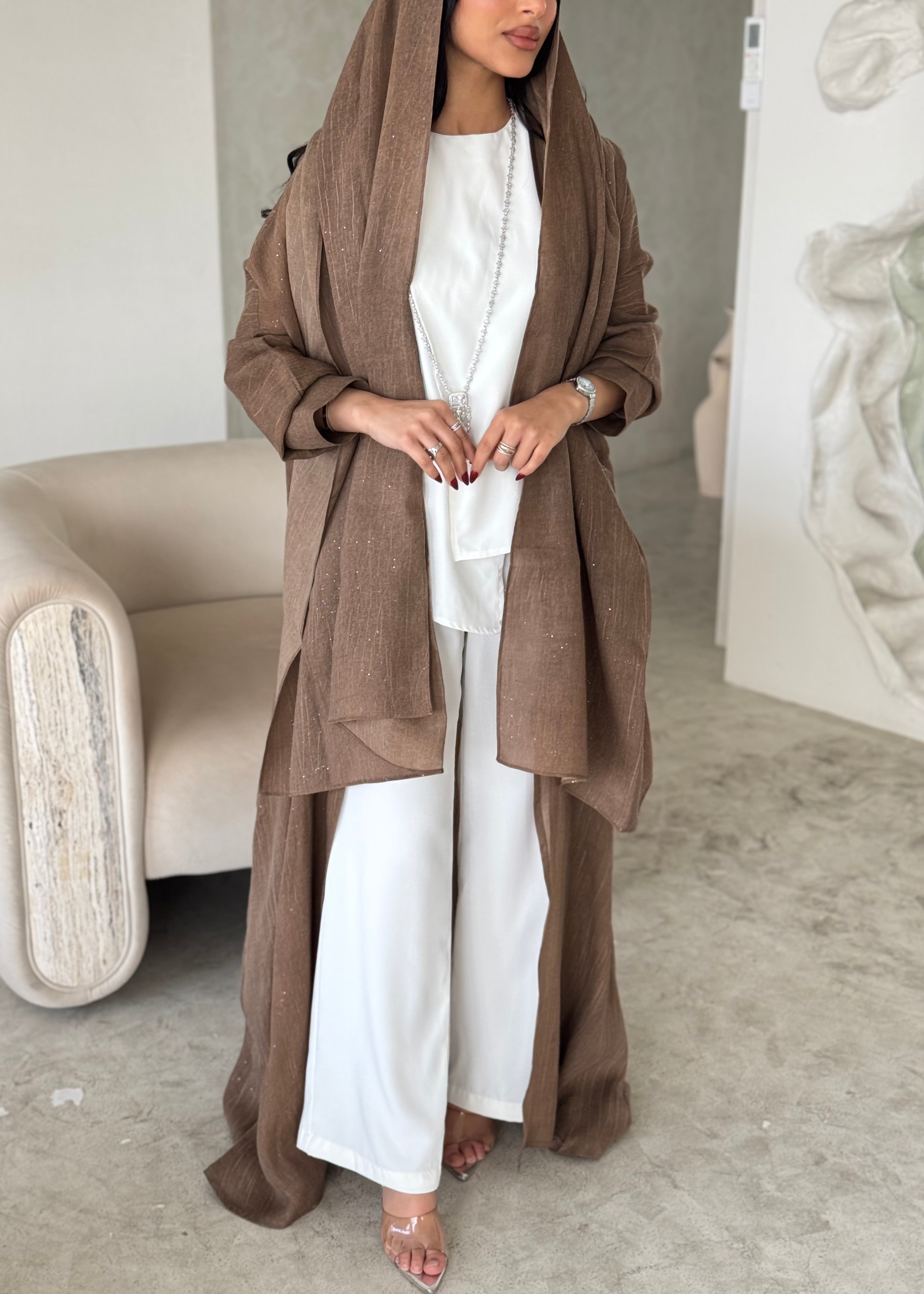 FAB170- Camel Linen Glitter A-Cut Abaya