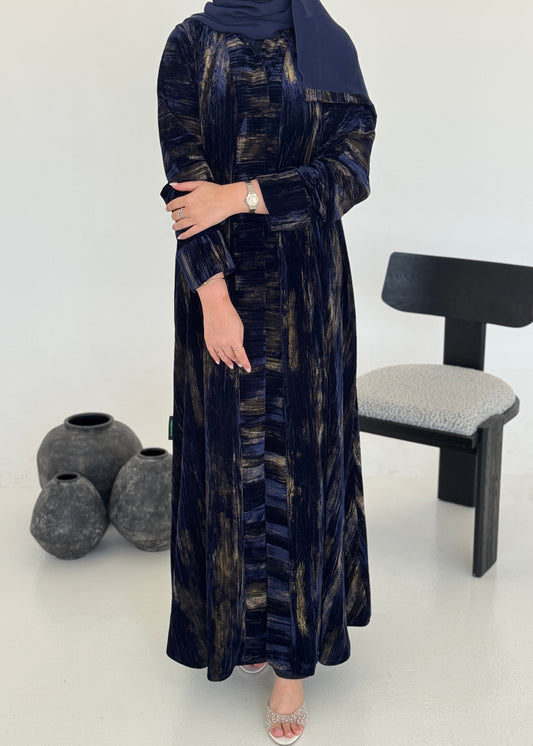 FAB235- Blue & Gold Marble Velvet A-Cut Abaya