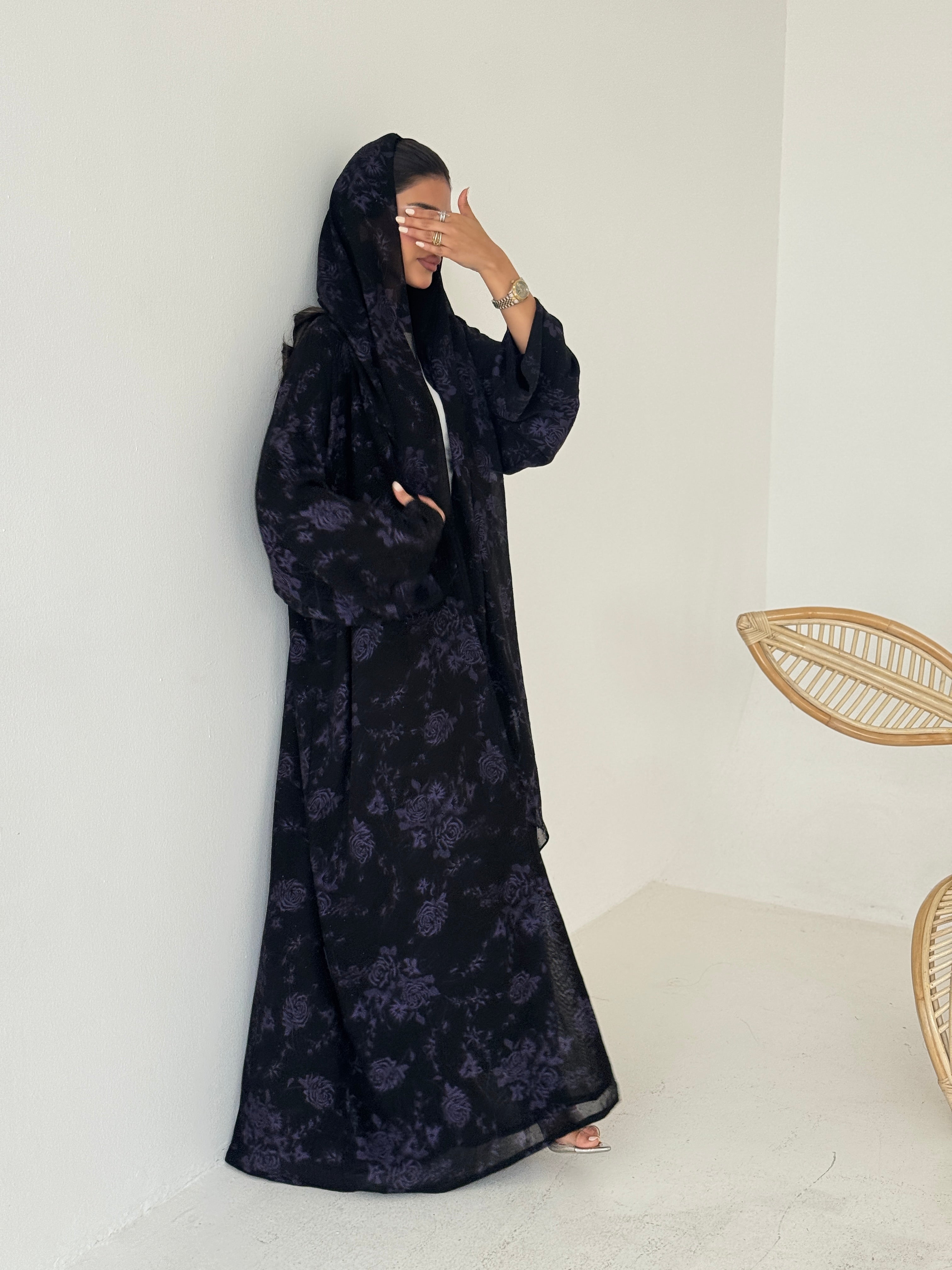 FAB203-Purple Black Chiffon Pattern Summer Abaya with headscarf