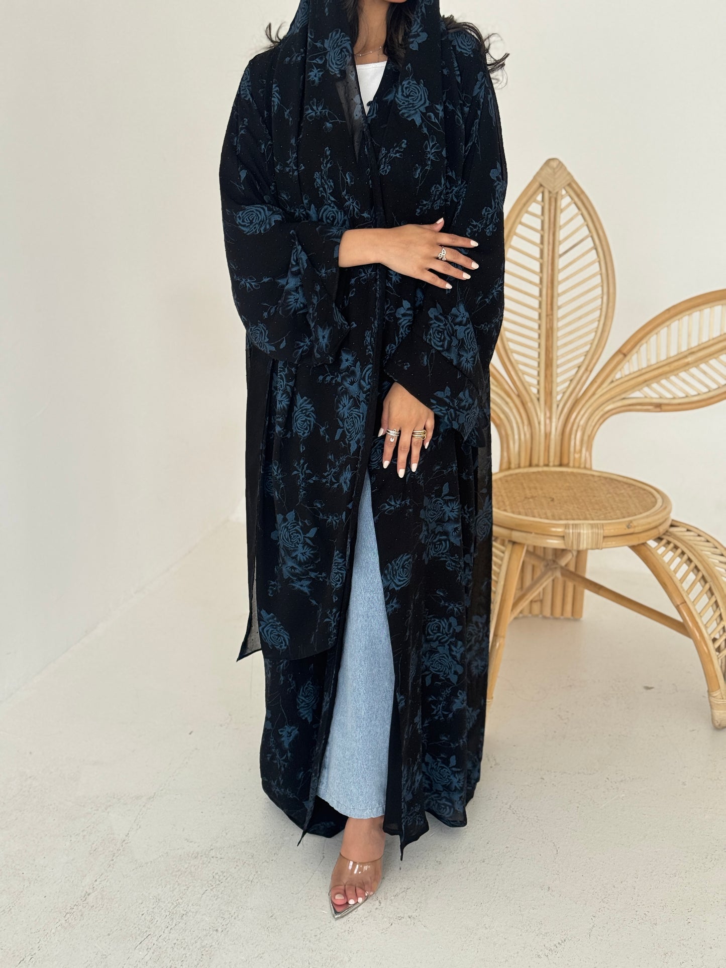 FAB205-Blue Black Chiffon Pattern Summer Abaya with headscarf