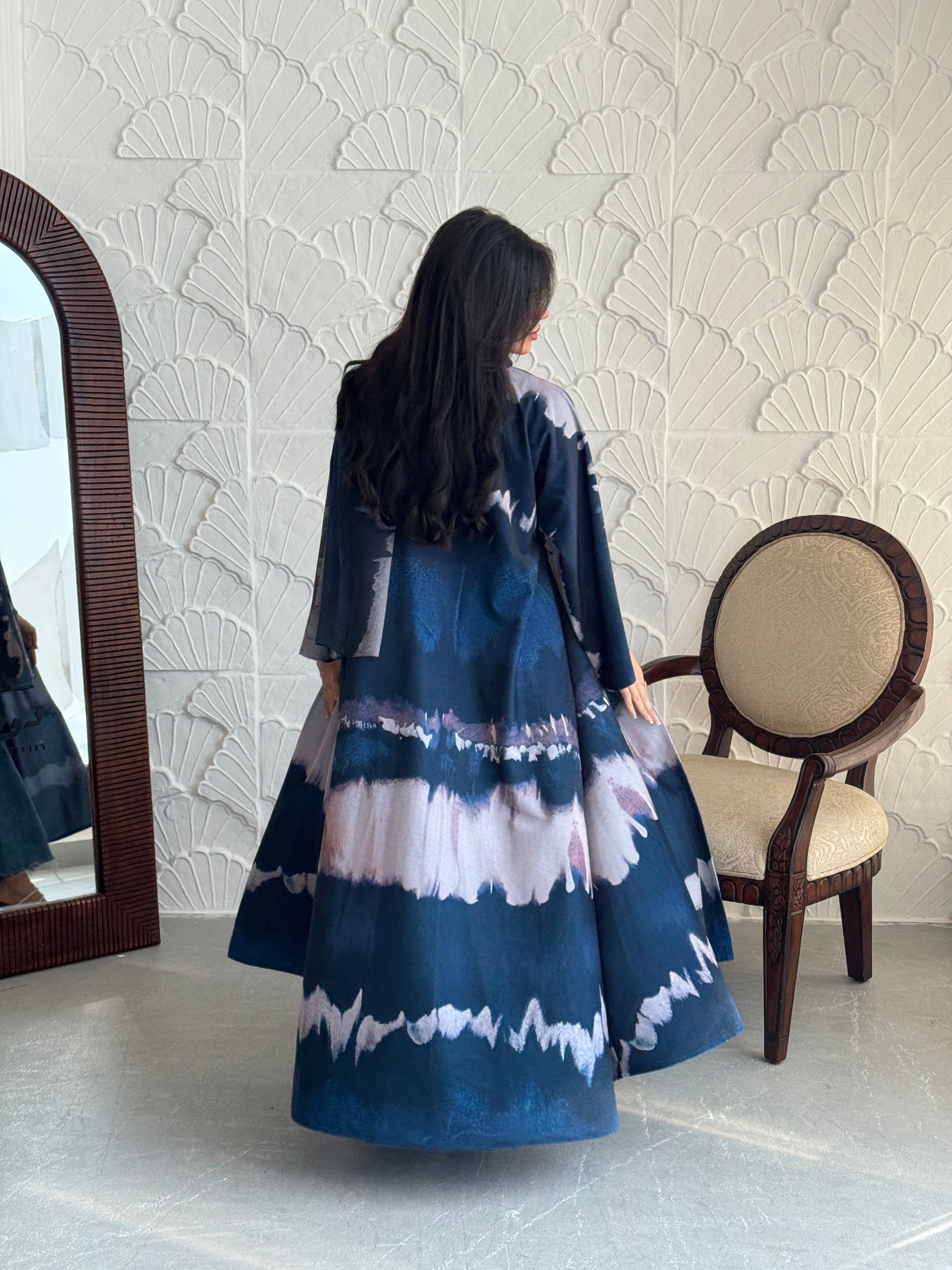 FAB239- Blue Patterned Printed Velvet A-Cut Abaya Set