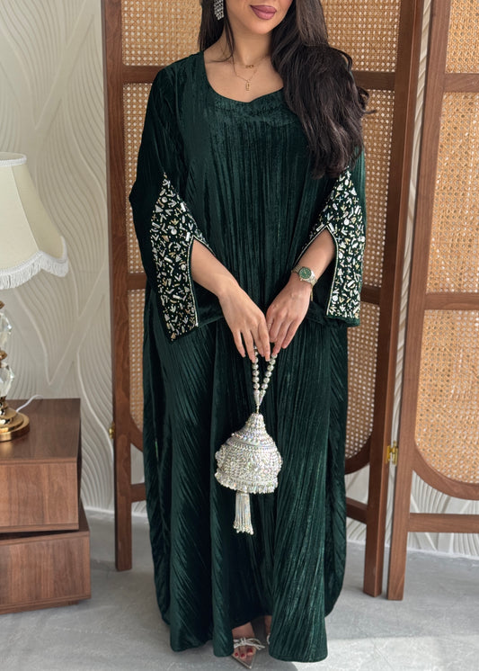 FAB251-Royal Green Velvet Crystals Embroidered A-Cut Jalabiya