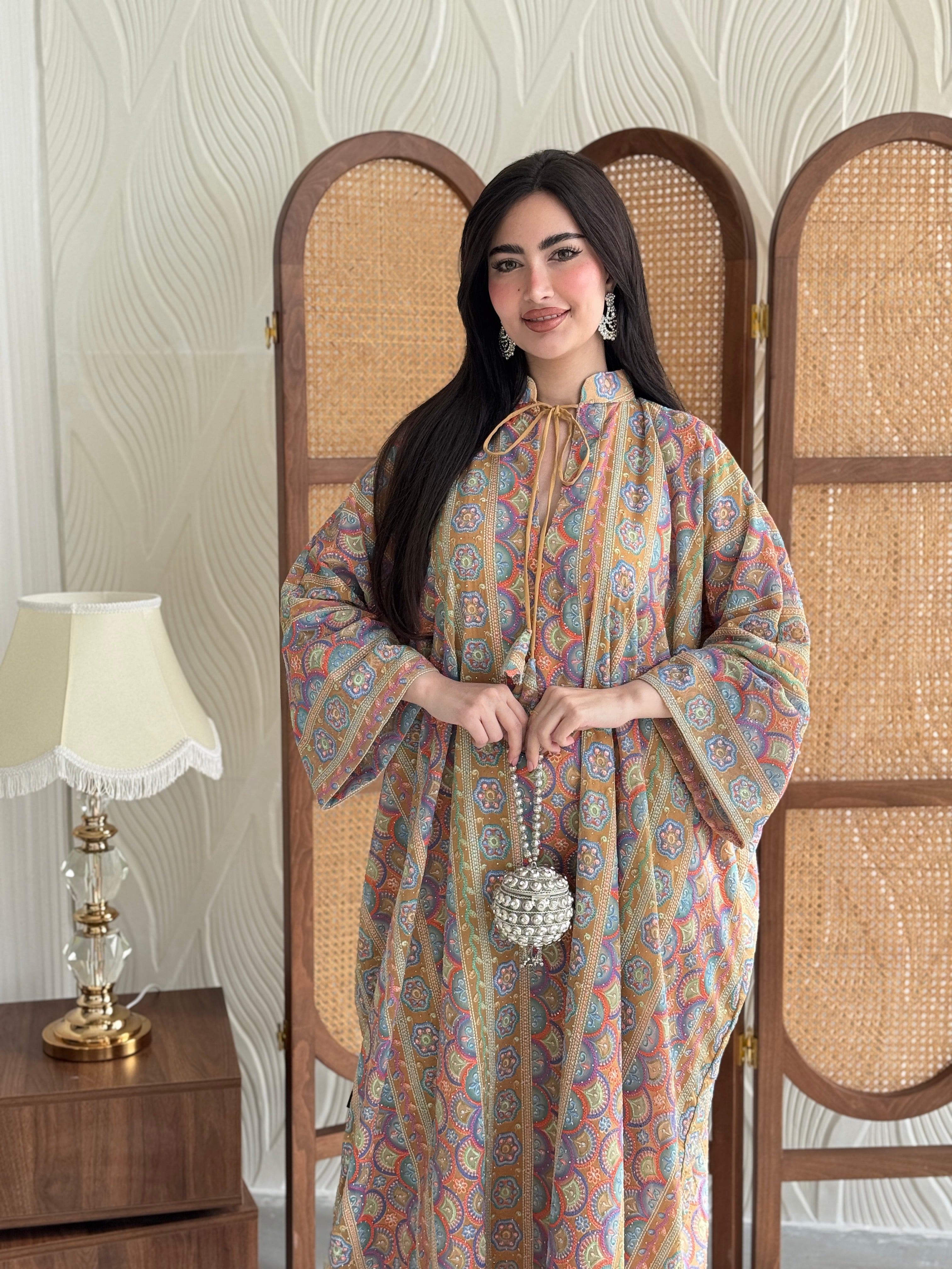 FAB277-Yellow Beige free size colorful crystals chiffon jalabiya and tie-neck detail