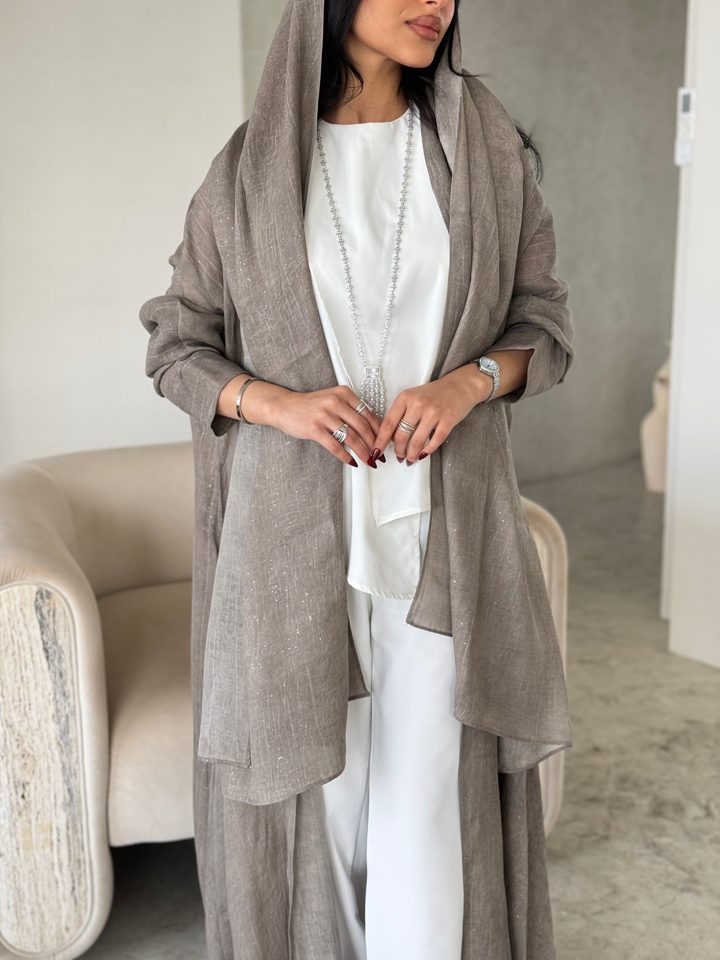 FAB168- Beige Linen Glitter A-Cut Abaya
