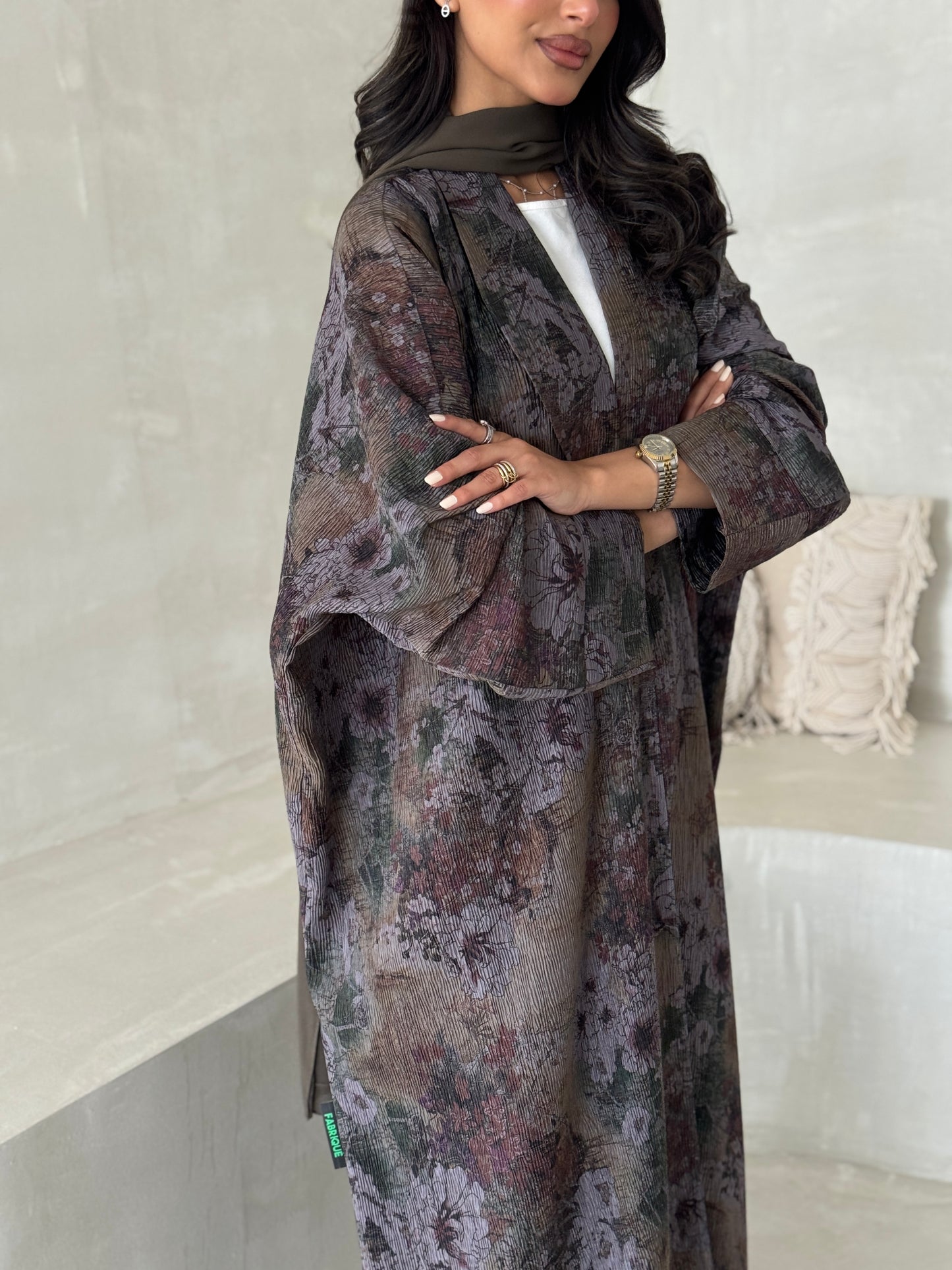 FAB201-Olive Green Grey Pleats Half-Bisht Summer Abaya with matching headscarf