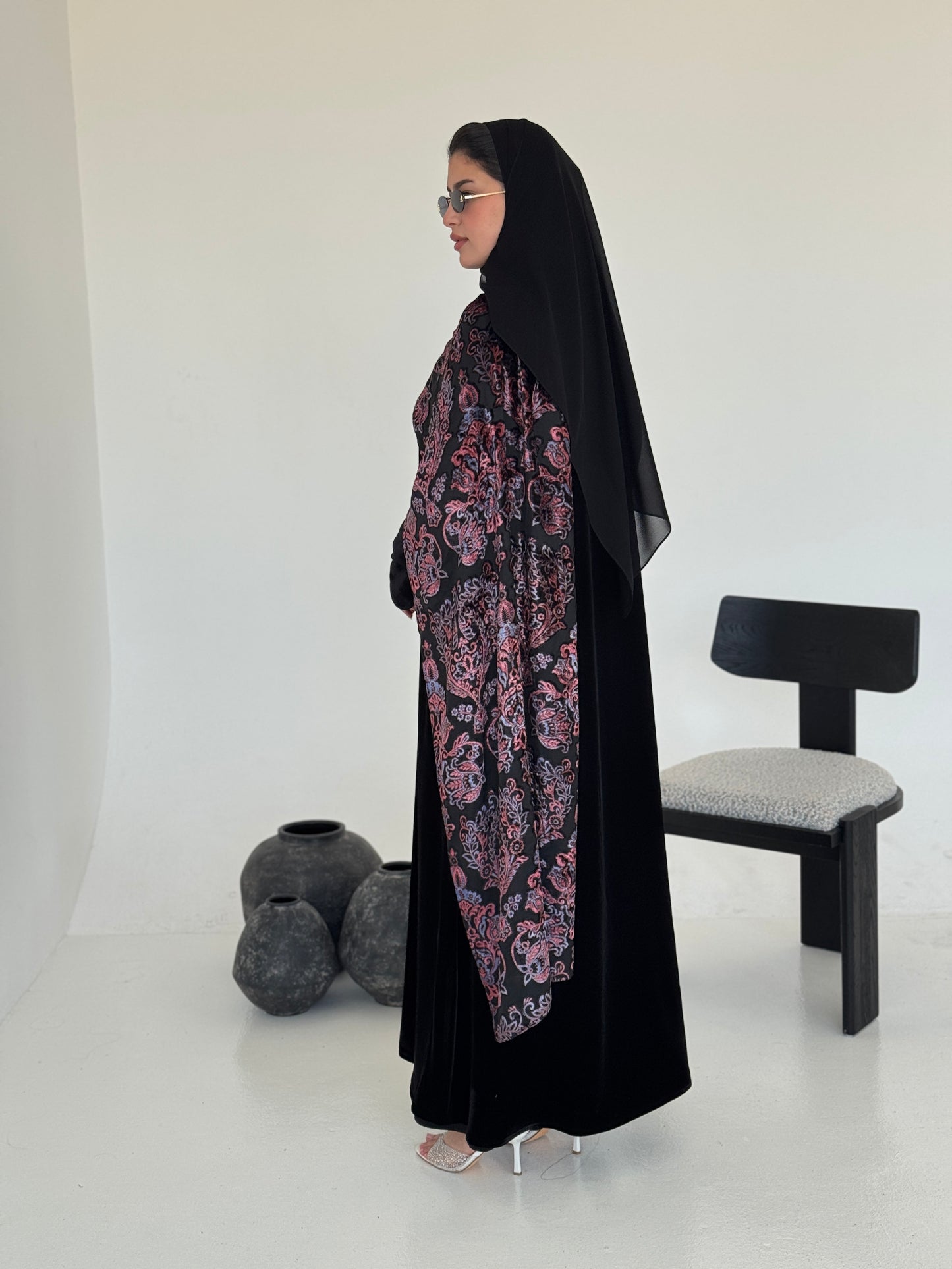 FAB229- Black Velvet Abaya with Maroon Velvet Chiffon Shawl with matching headscarf