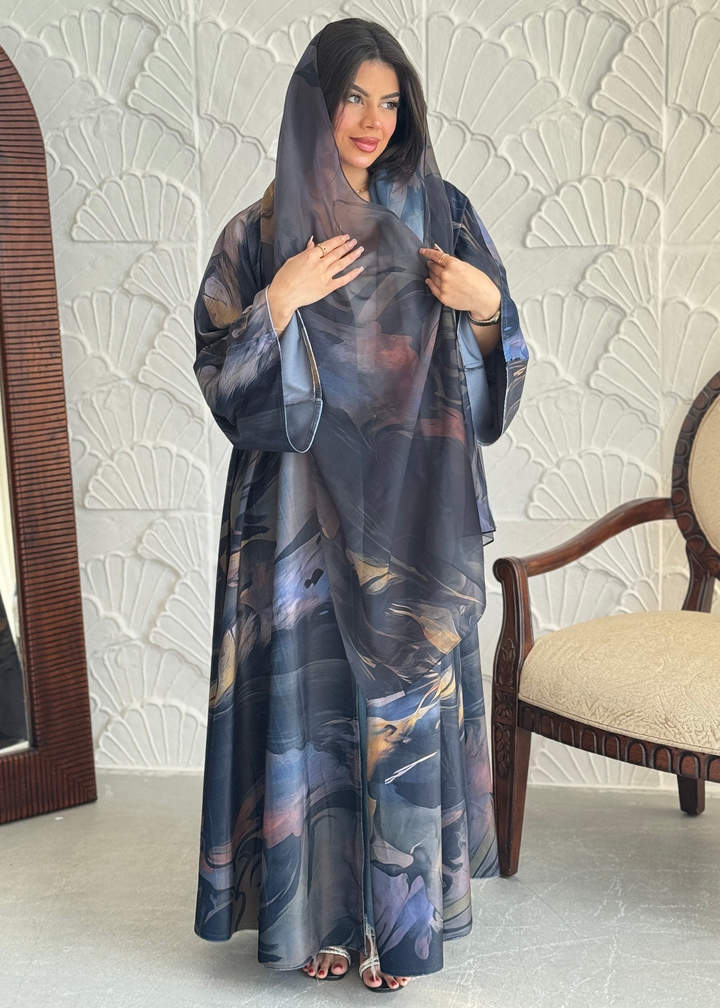 FAB241-Light Black Patterned Printed Velvet A-Cut Abaya Set