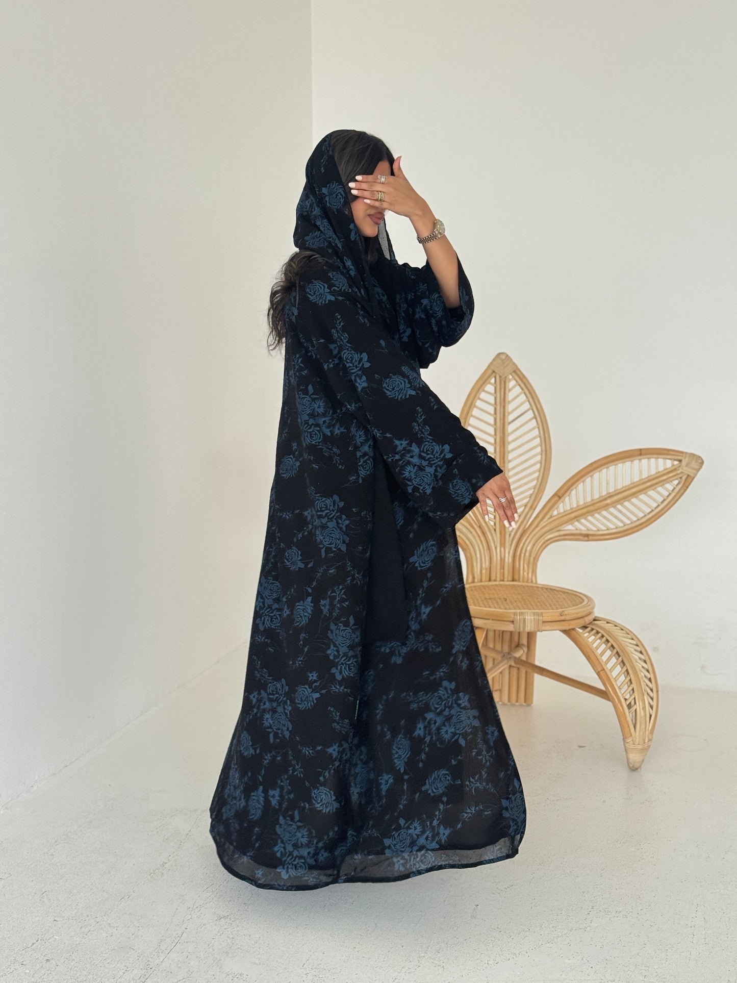 FAB205-Blue Black Chiffon Pattern Summer Abaya with headscarf