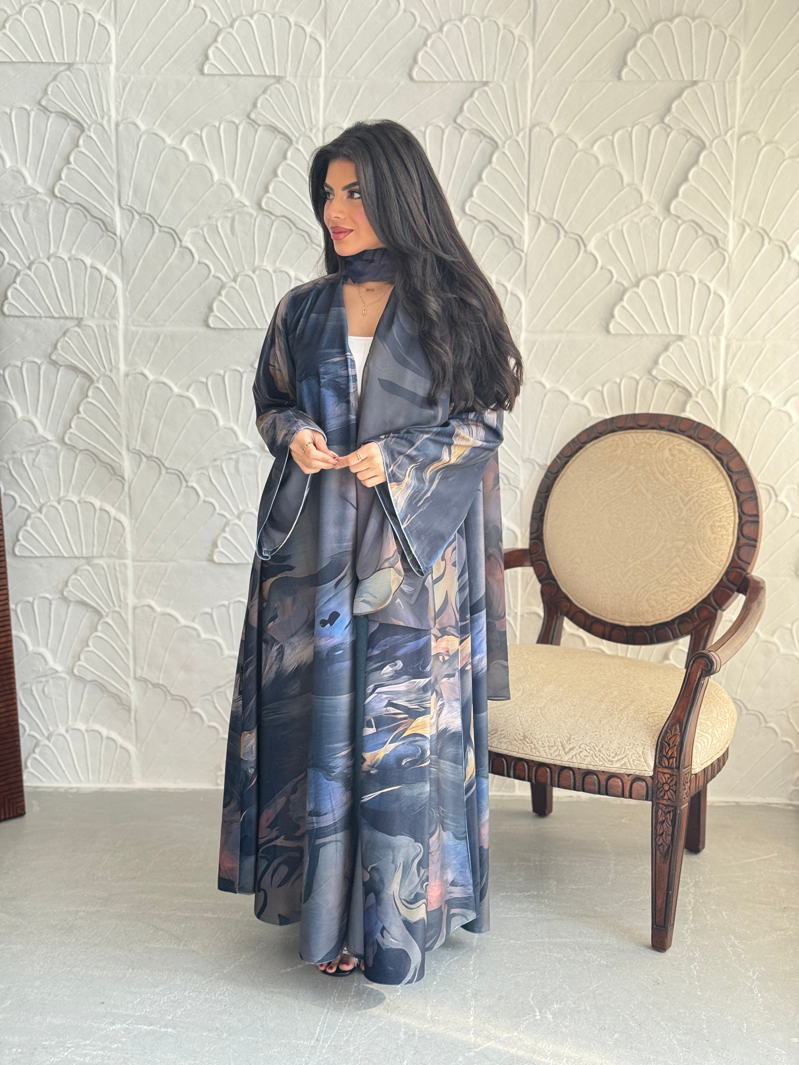 FAB241-Light Black Patterned Printed Velvet A-Cut Abaya Set