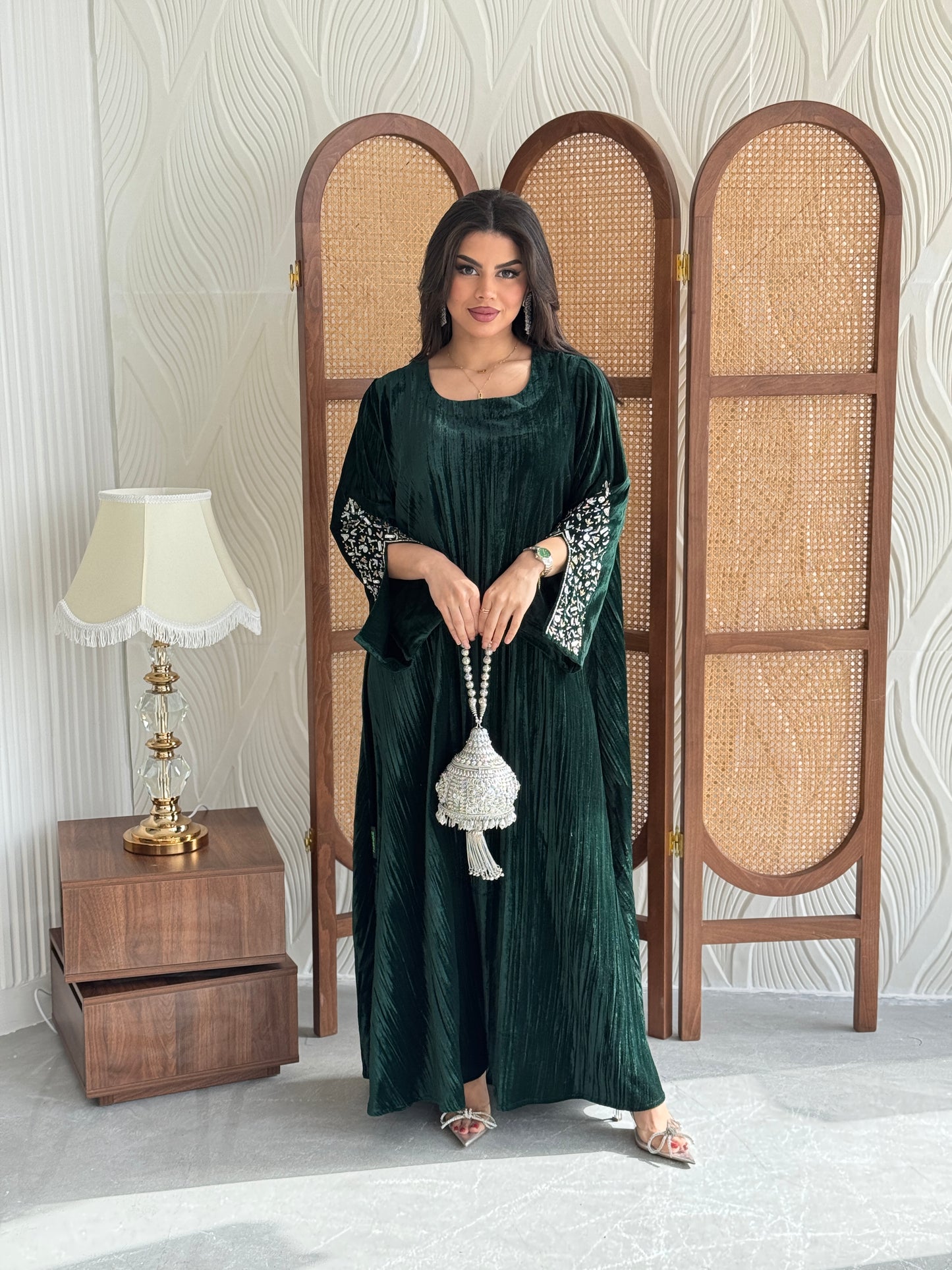 FAB251-Royal Green Velvet Crystals Embroidered A-Cut Jalabiya