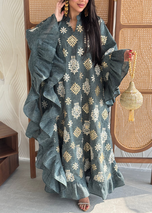 FAB272-Green Linen Embroidered Butterfly-Cut Jalabiya with Ruffled Sleeves