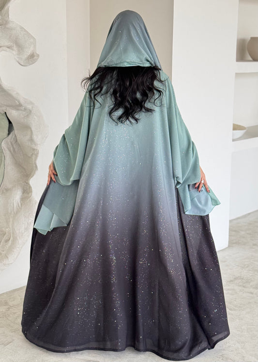 FAB161-Turqoise Ombre Glitter Abaya with matching headscarf
