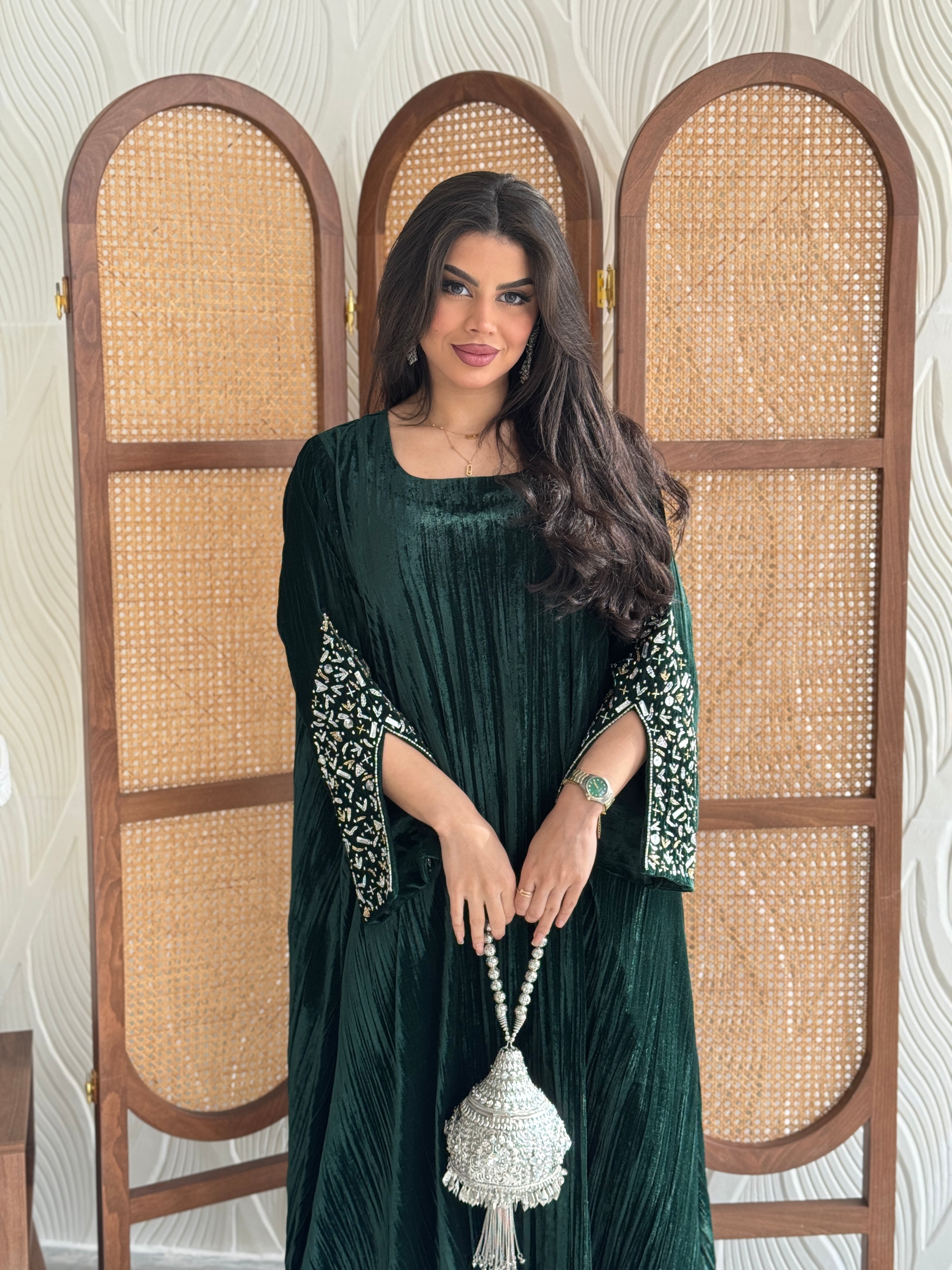 FAB251-Royal Green Velvet Crystals Embroidered A-Cut Jalabiya