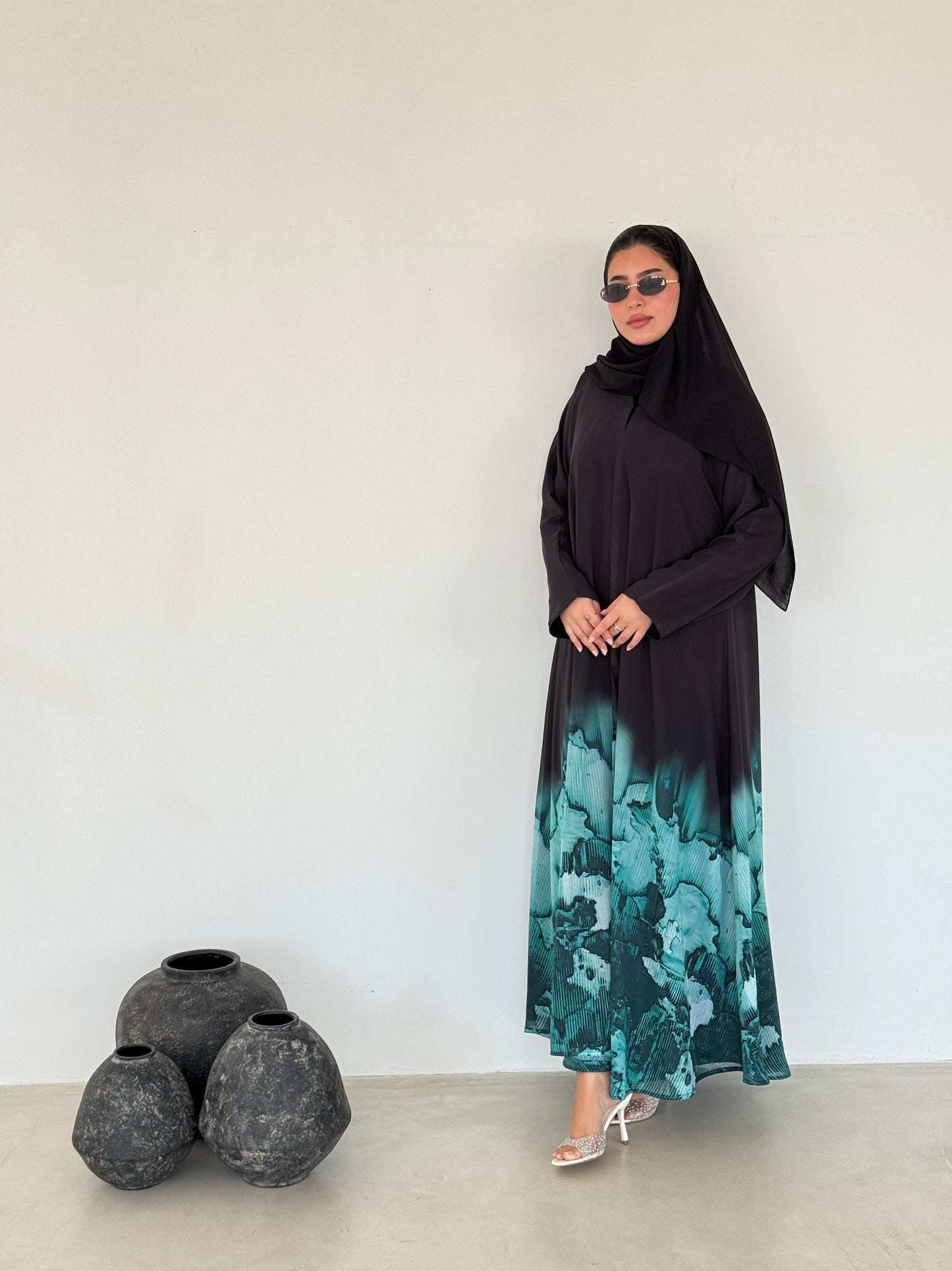 FAB210- Turquoise Ombre Waves print Shiffon A-cut Abaya with headscarf