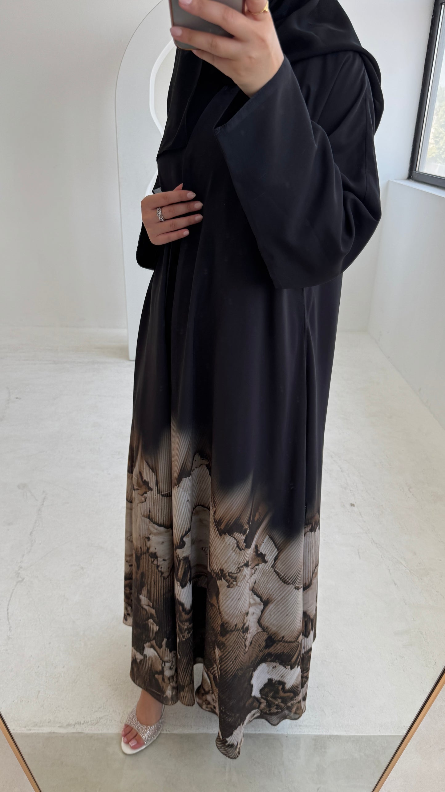 FAB213- Beige Ombre Waves print Shiffon A-cut Abaya with headscarf