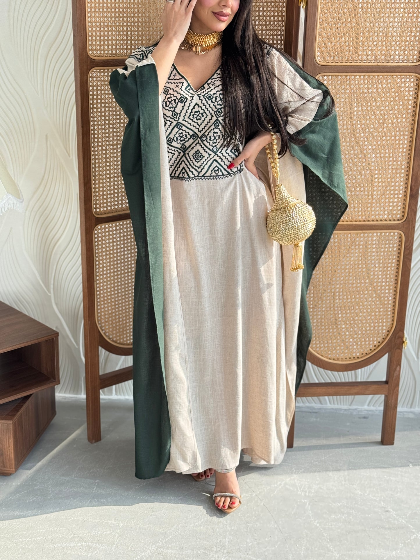 FAB253- Green Beige Two-sided embroidered Linen butterfly cut jalabiya