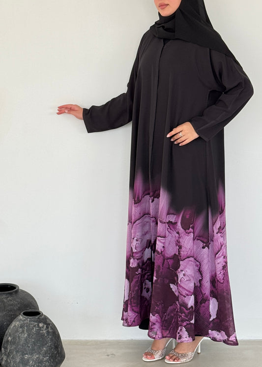FAB212- Blue Ombre Waves print Shiffon A-cut Abaya with headscarf