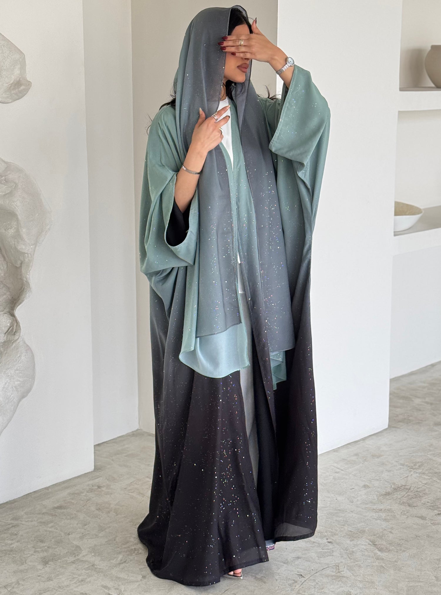 FAB161-Turqoise Ombre Glitter Abaya with matching headscarf