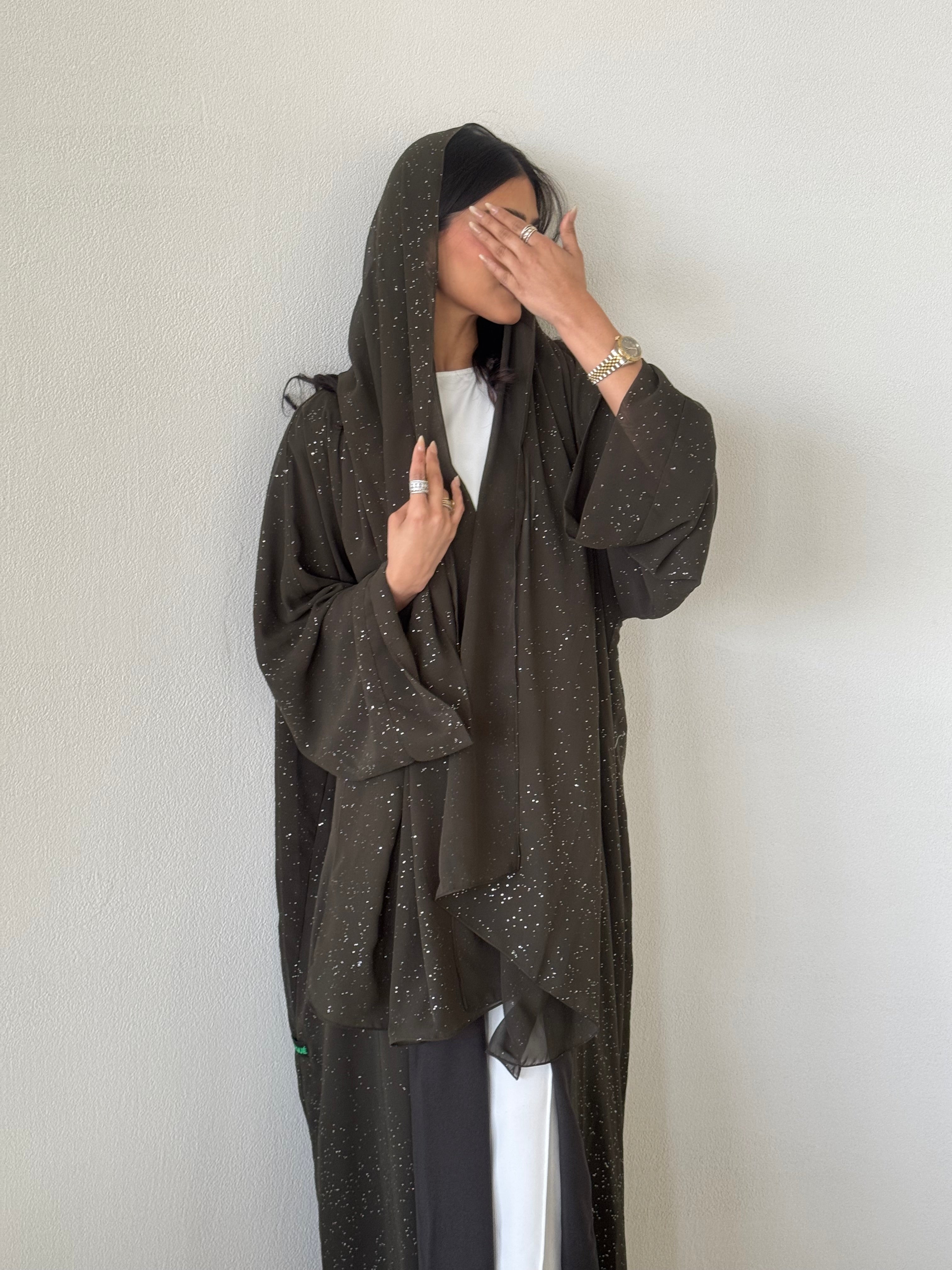 FAB183- Elegant Army Green Glitter Chiffon Abaya