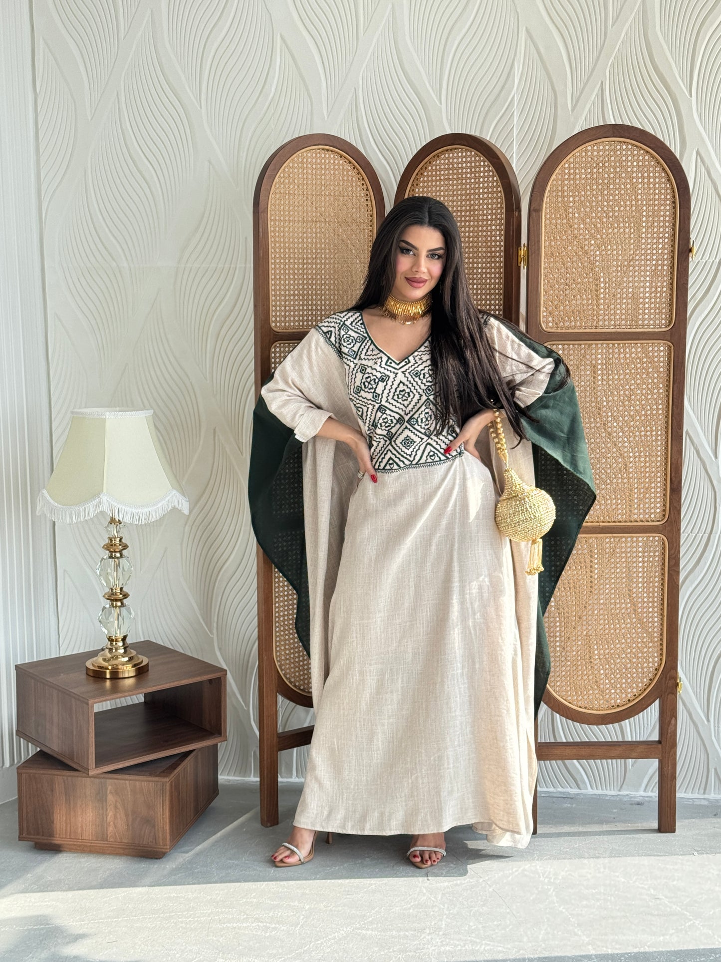 FAB253- Green Beige Two-sided embroidered Linen butterfly cut jalabiya