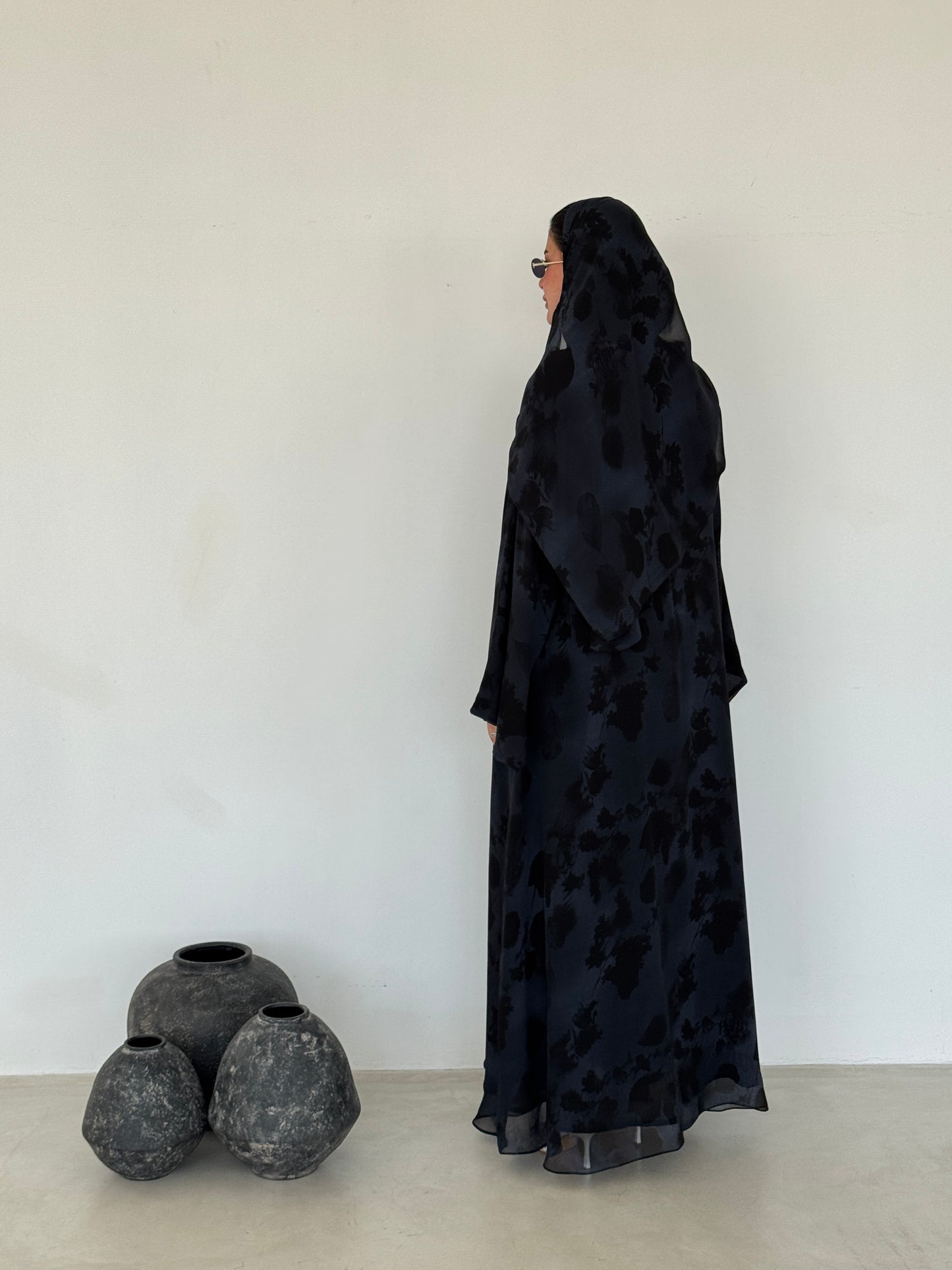 FAB216- Blue Printed A-Cut Shiffon Abaya Set