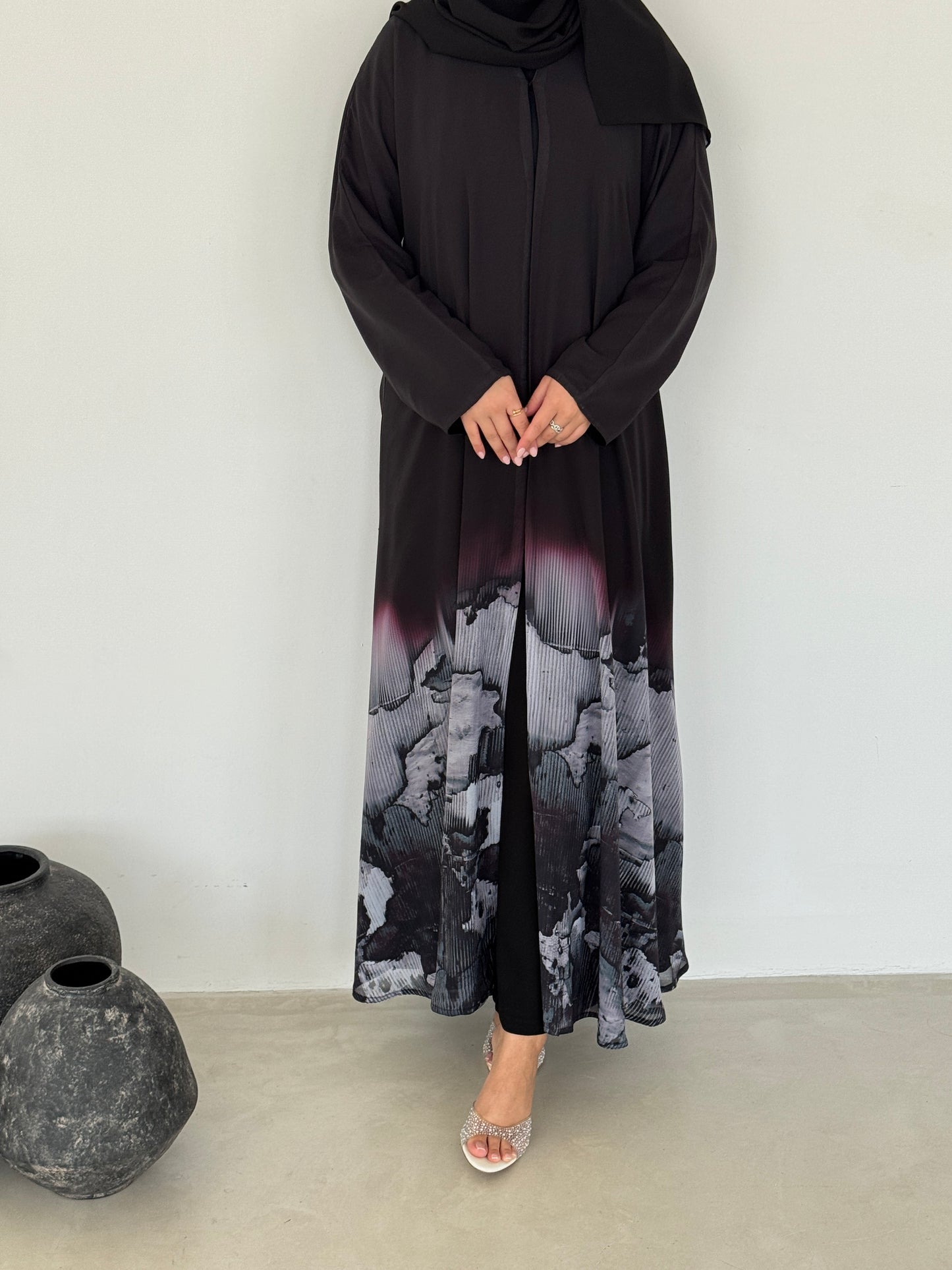 FAB209- Grey Ombre Waves print Shiffon A-cut Abaya with headscarf