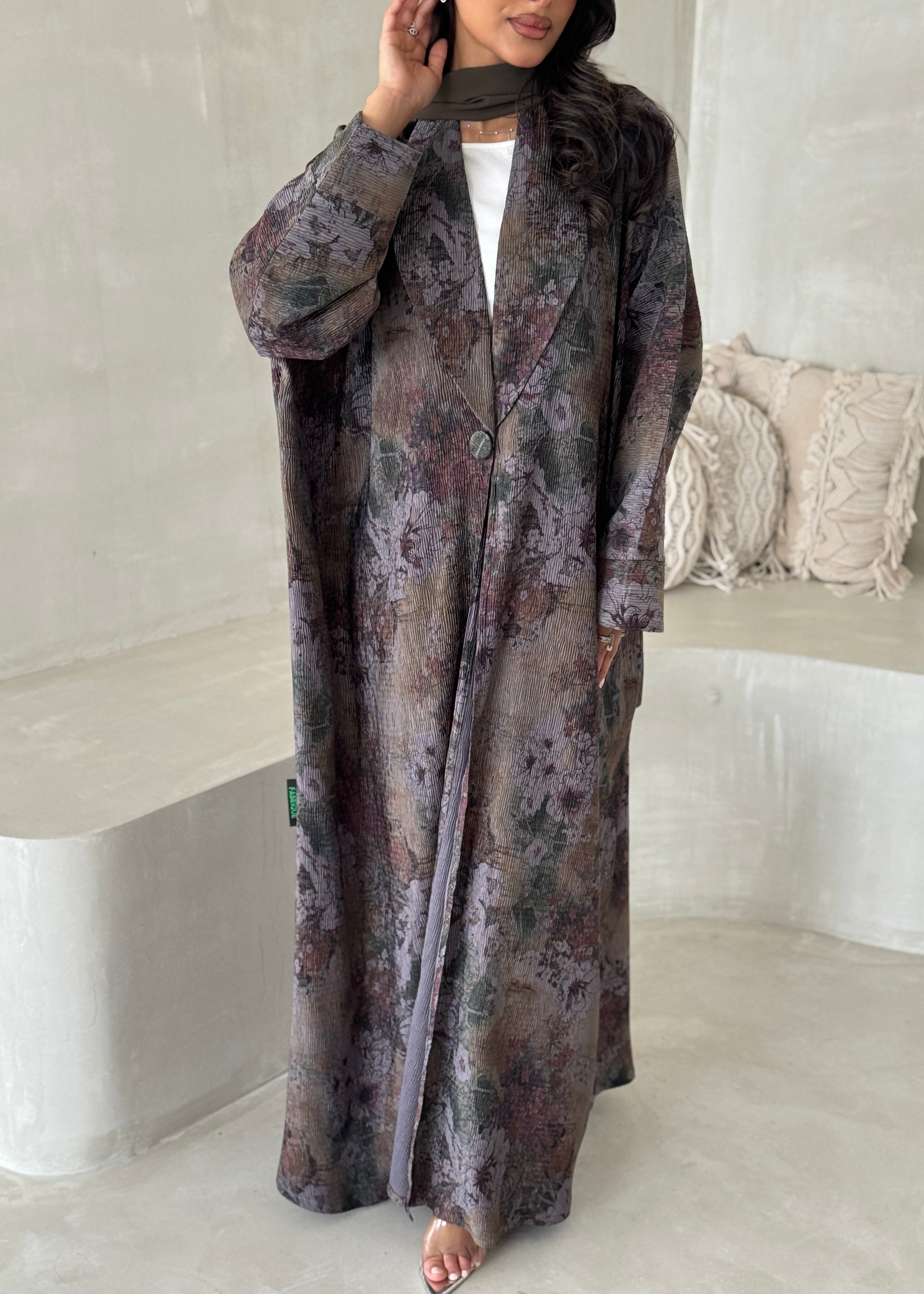 FAB201-Olive Green Grey Pleats Half-Bisht Summer Abaya with matching headscarf
