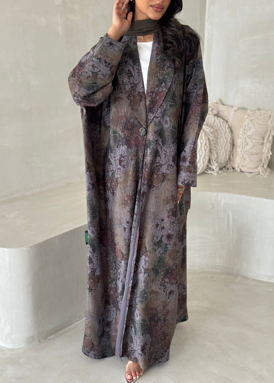 FAB201-Olive Green Grey Pleats Half-Bisht Summer Abaya with matching headscarf