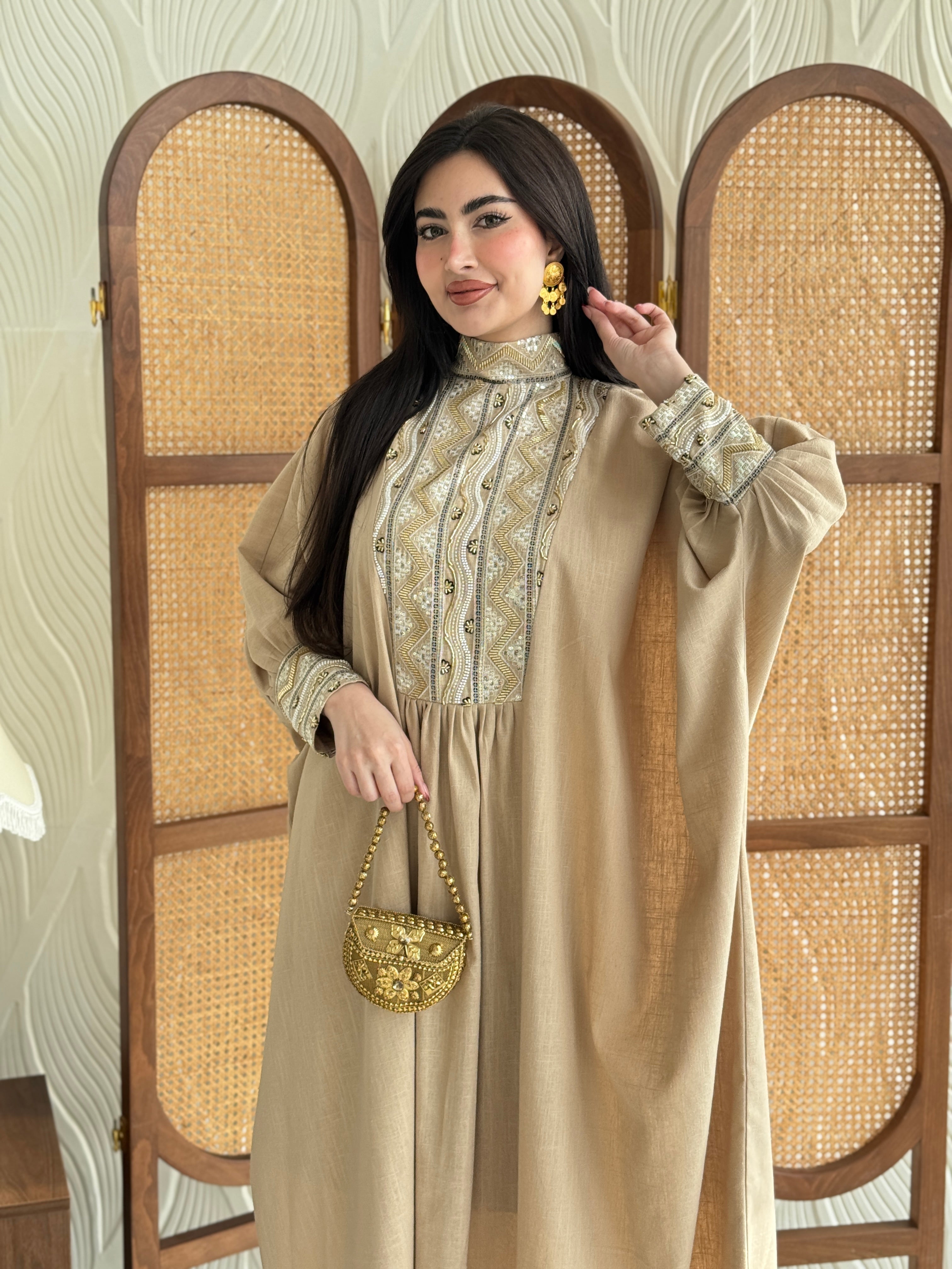 FAB282-Luxurious Beige pure linen high neck jalabiya with full beaded gold embroidery
