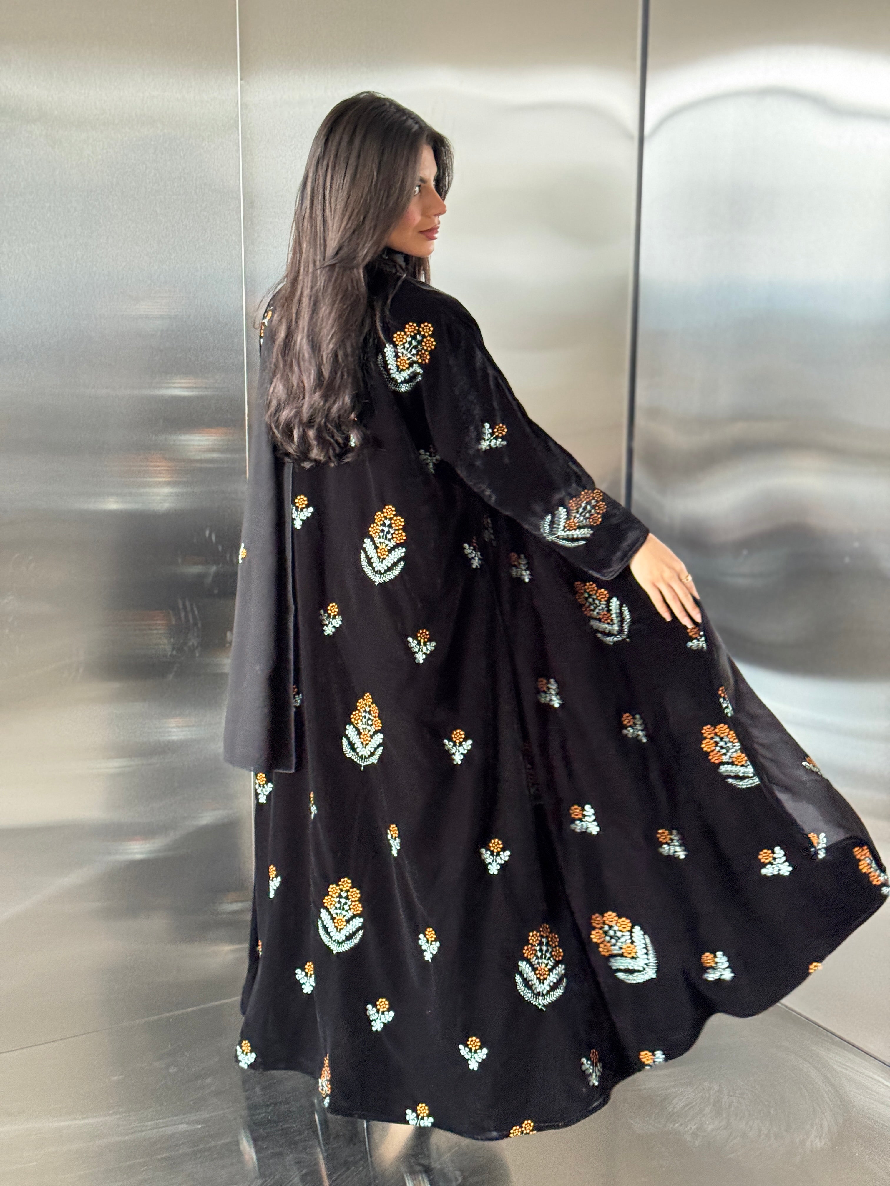 FAB247- Black Velvet with Orange Embroidery A-Cut Abaya Set