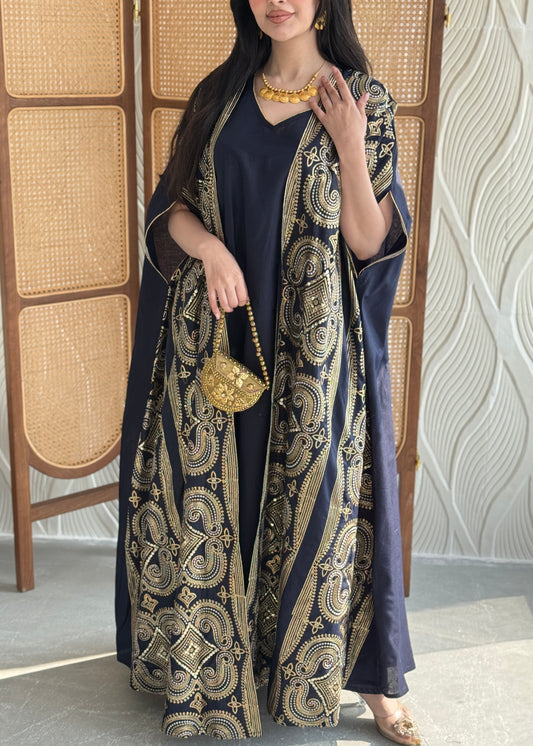 FAB276-Navy Two-Piece Linen Bisht Set, Detailed with Elegant Gold Embroidery