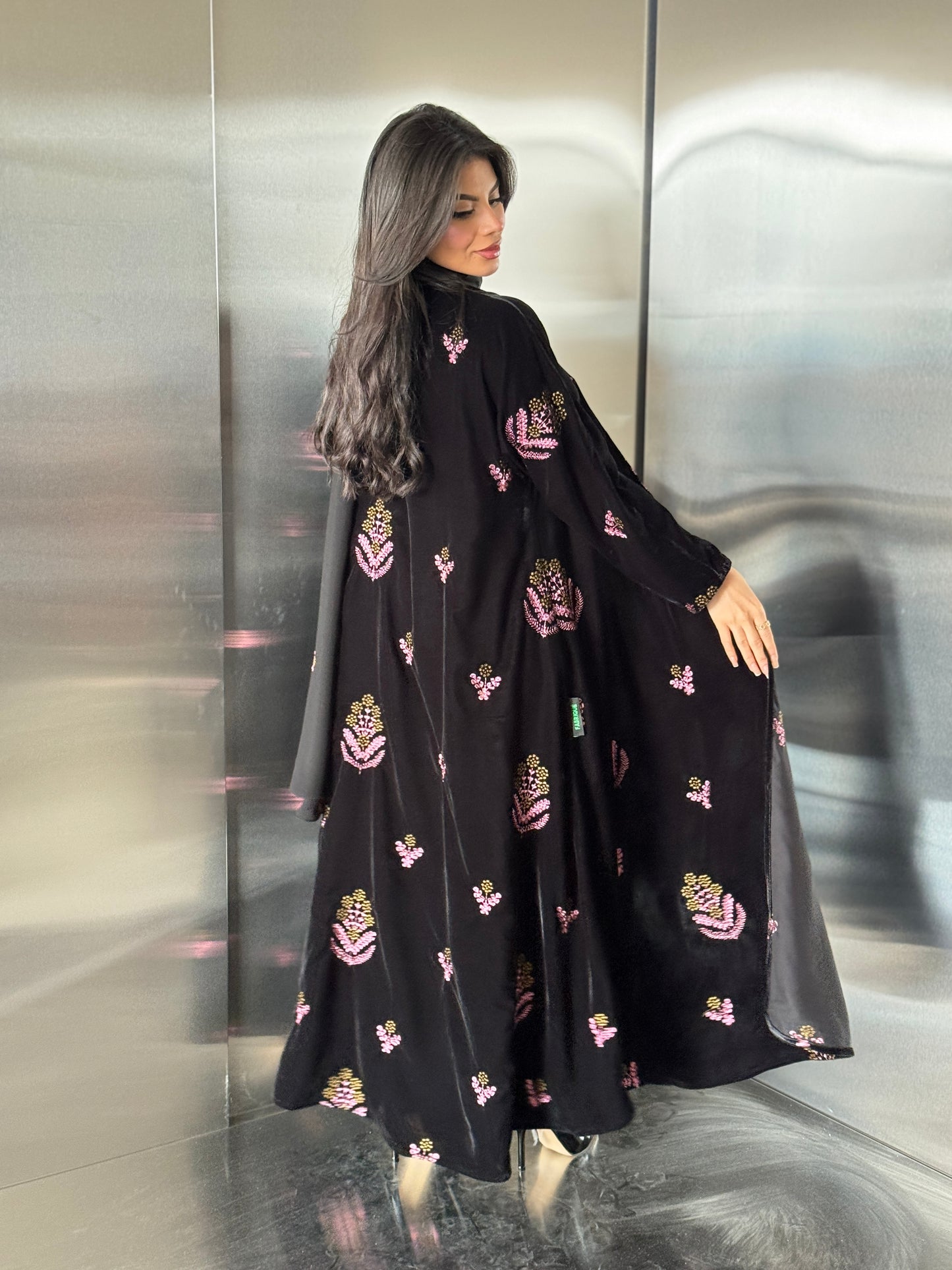 FAB248- Black Velvet with Pink Embroidery A-Cut Abaya Set