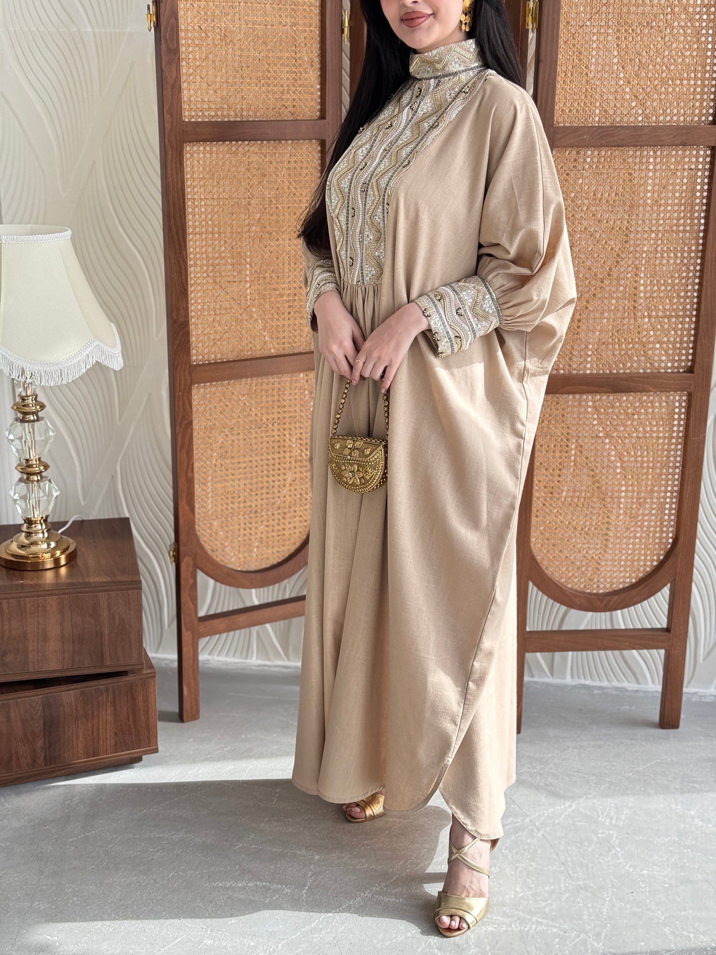FAB282-Luxurious Beige pure linen high neck jalabiya with full beaded gold embroidery