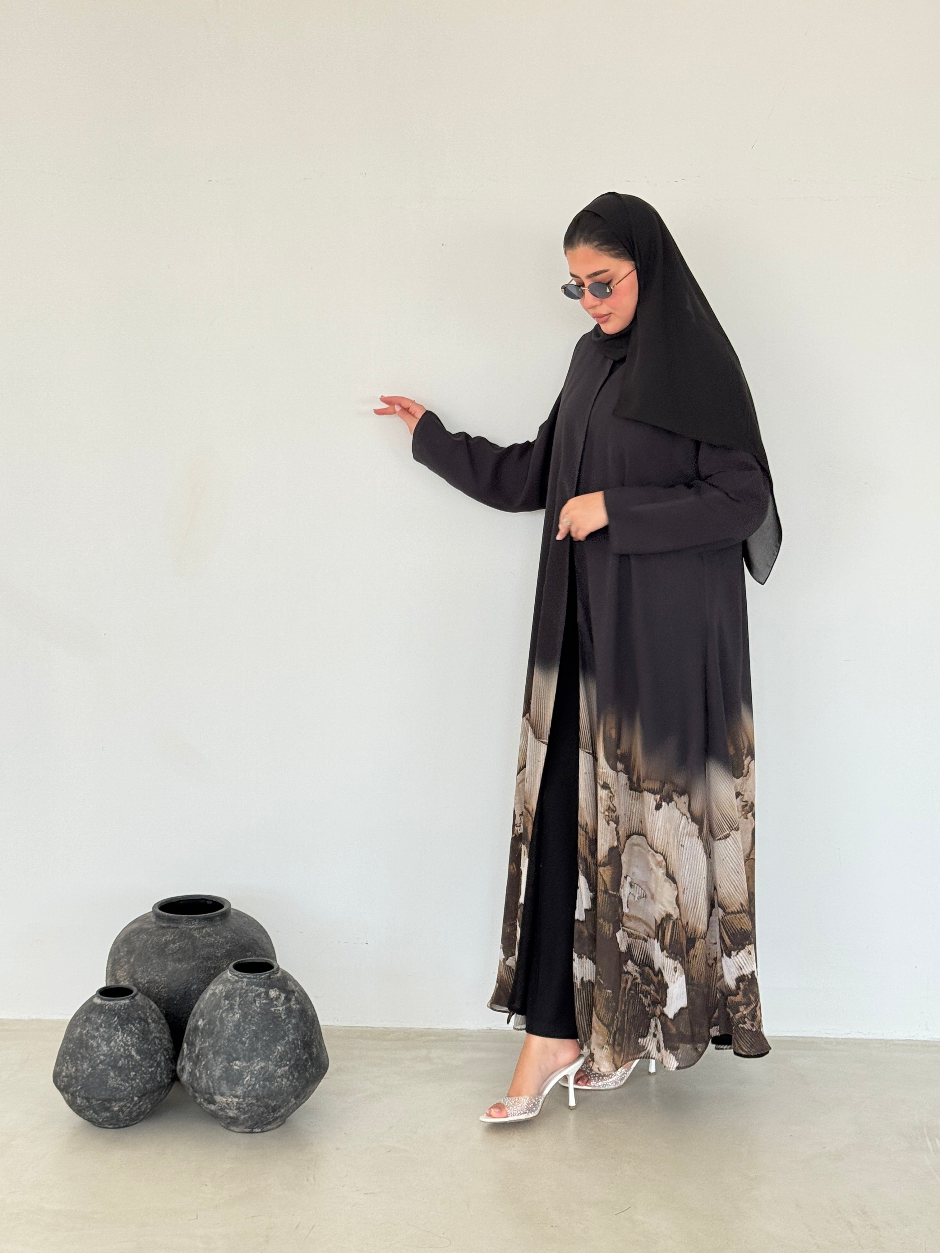 FAB213- Beige Ombre Waves print Shiffon A-cut Abaya with headscarf