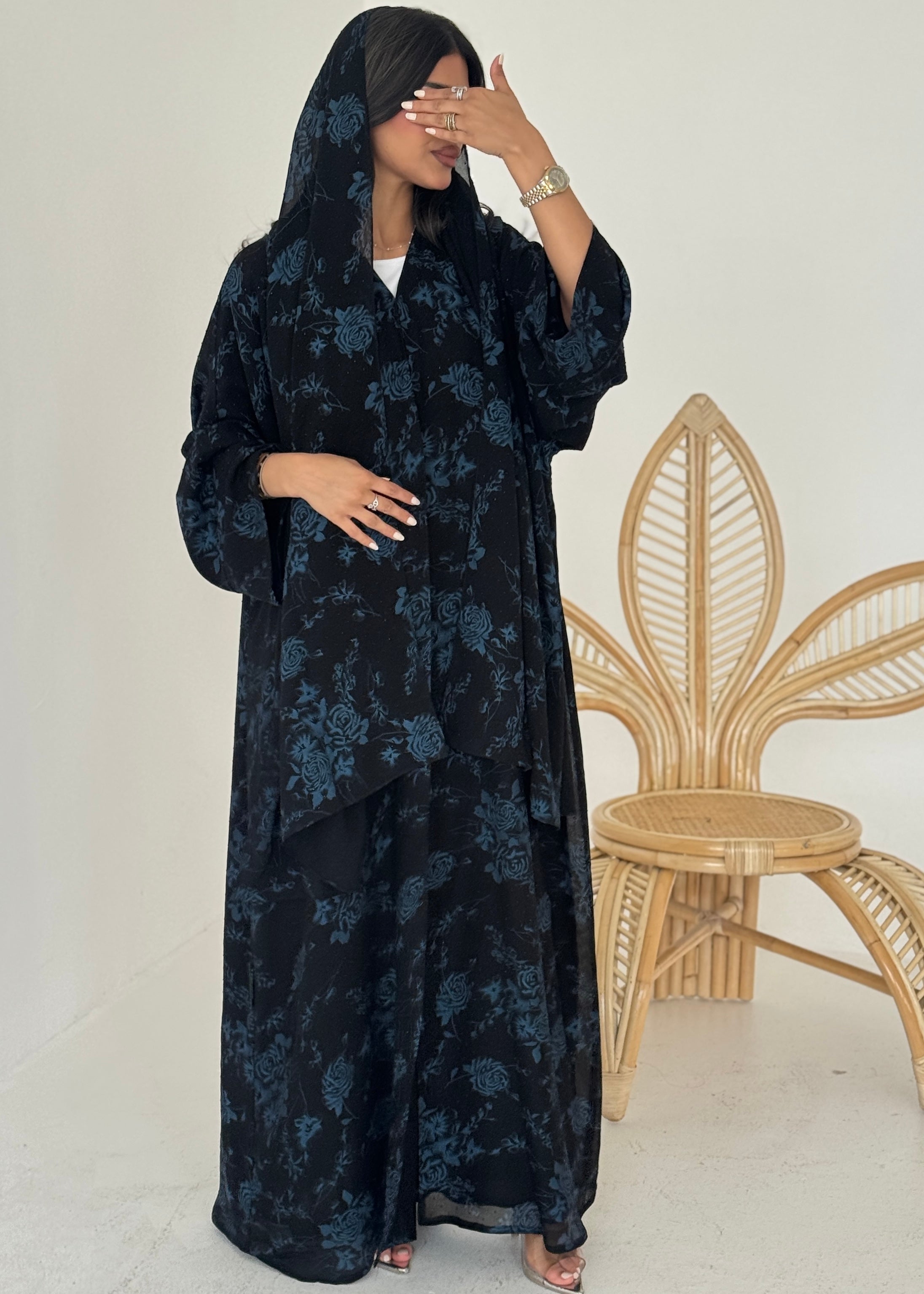 FAB205-Blue Black Chiffon Pattern Summer Abaya with headscarf