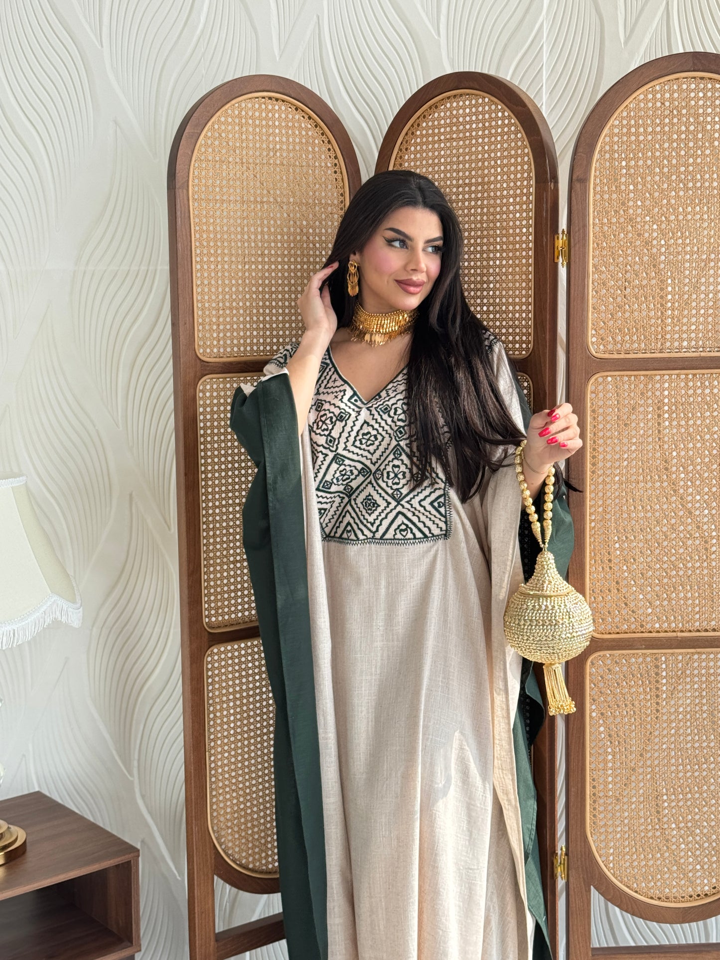 FAB253- Green Beige Two-sided embroidered Linen butterfly cut jalabiya