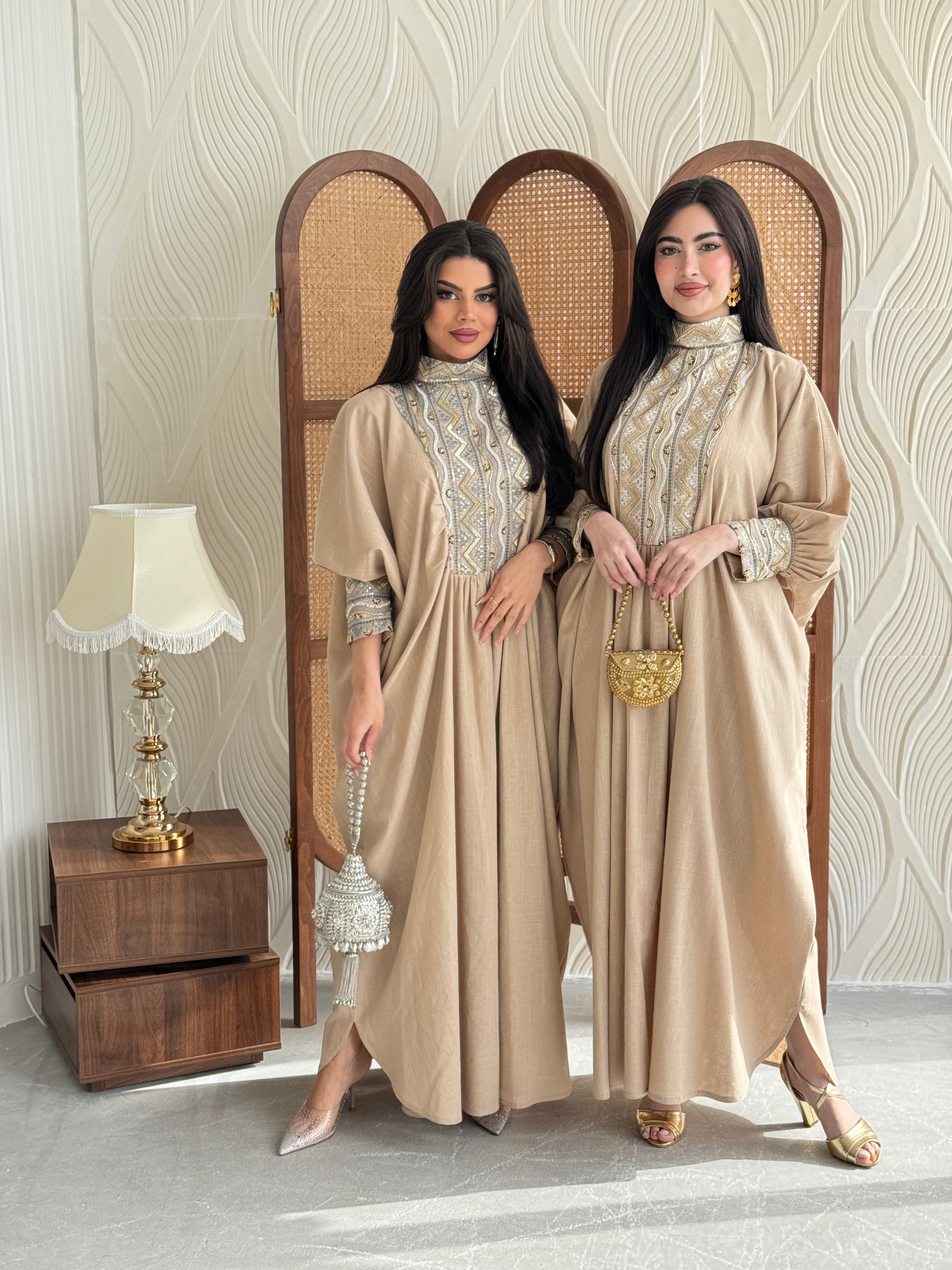 FAB281-Luxurious Beige pure linen high neck jalabiya with full beaded silver embroidery