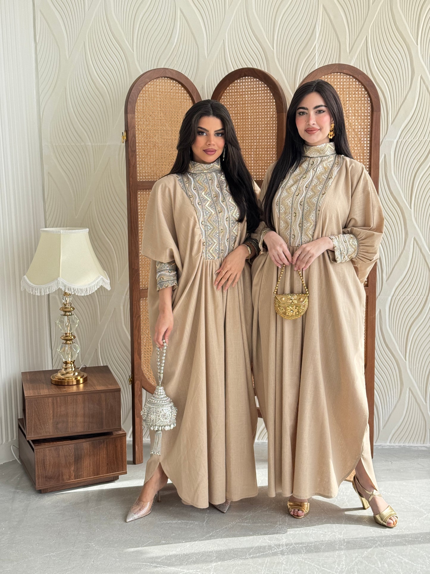 FAB281-Luxurious Beige pure linen high neck jalabiya with full beaded silver embroidery